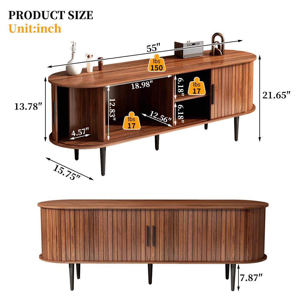 55" Modern TV Stand with Storage Compartment and Sliding Door, Gaming Entertainment Center with Cabinet, 55" L x 16" W x 21.5" H, Walnut