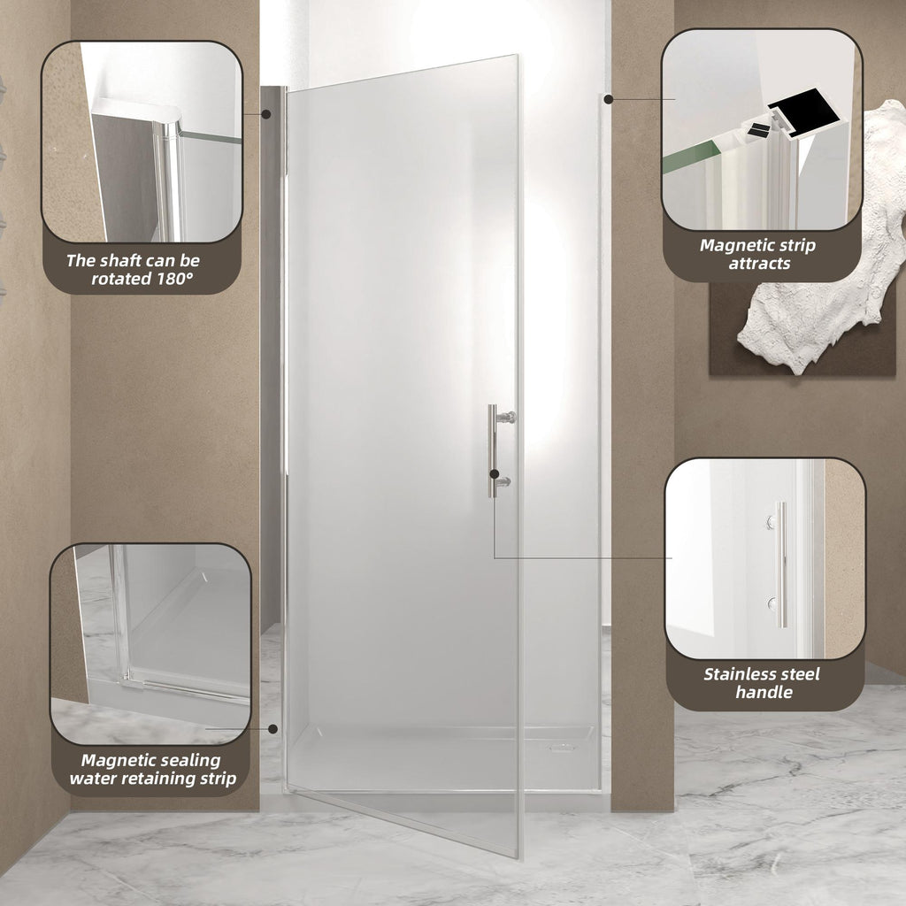 36” Pivot Shower Door with Explosion-Proof Film and Tempered Glass, Bathroom Door with Stainless Steel Handle, 36" L x 0.5" W x 72" H, Chrome