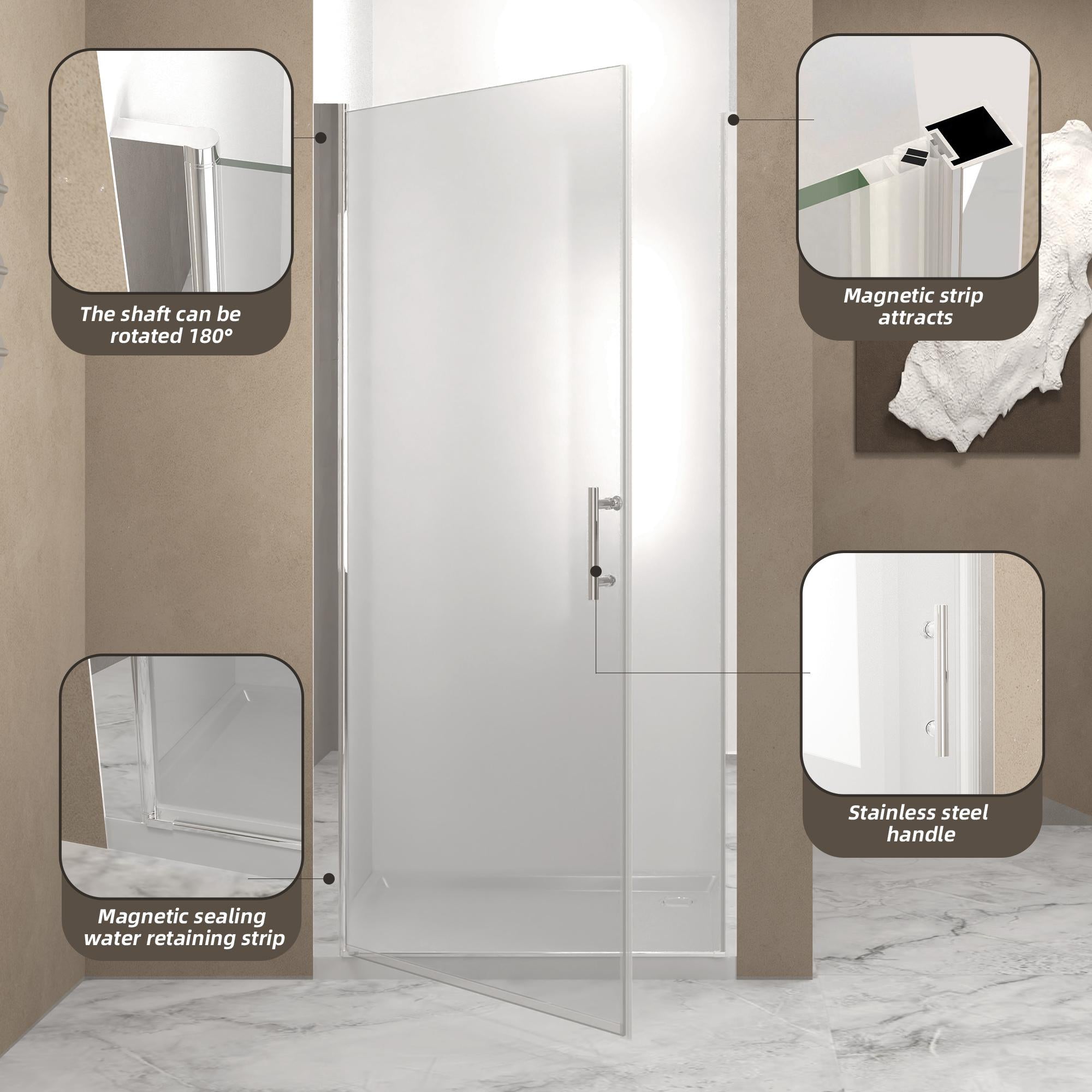 36” Pivot Shower Door with Explosion-Proof Film and Tempered Glass, Bathroom Door with Stainless Steel Handle, 36" L x 0.5" W x 72" H, Chrome