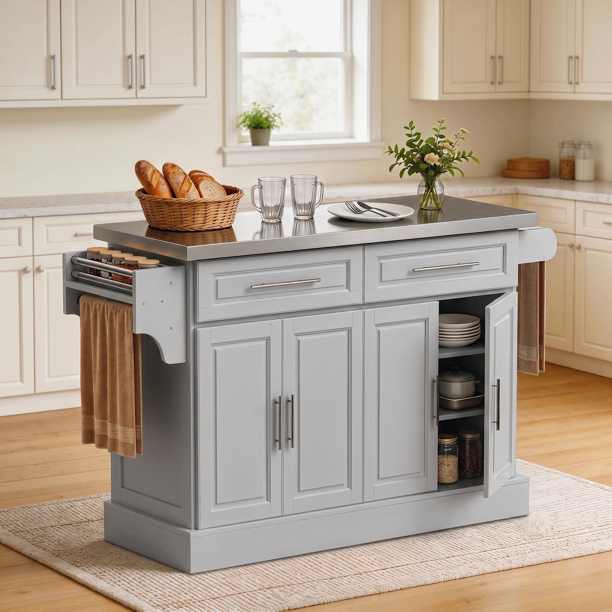 Rolling Kitchen Island Cart with 47" Stainless Steel Top, Portable Island Table for Kitchen with Wheels, Adjustable Shelves, 2 Drawers, Spice, Knife and Towel Rack, Gray
