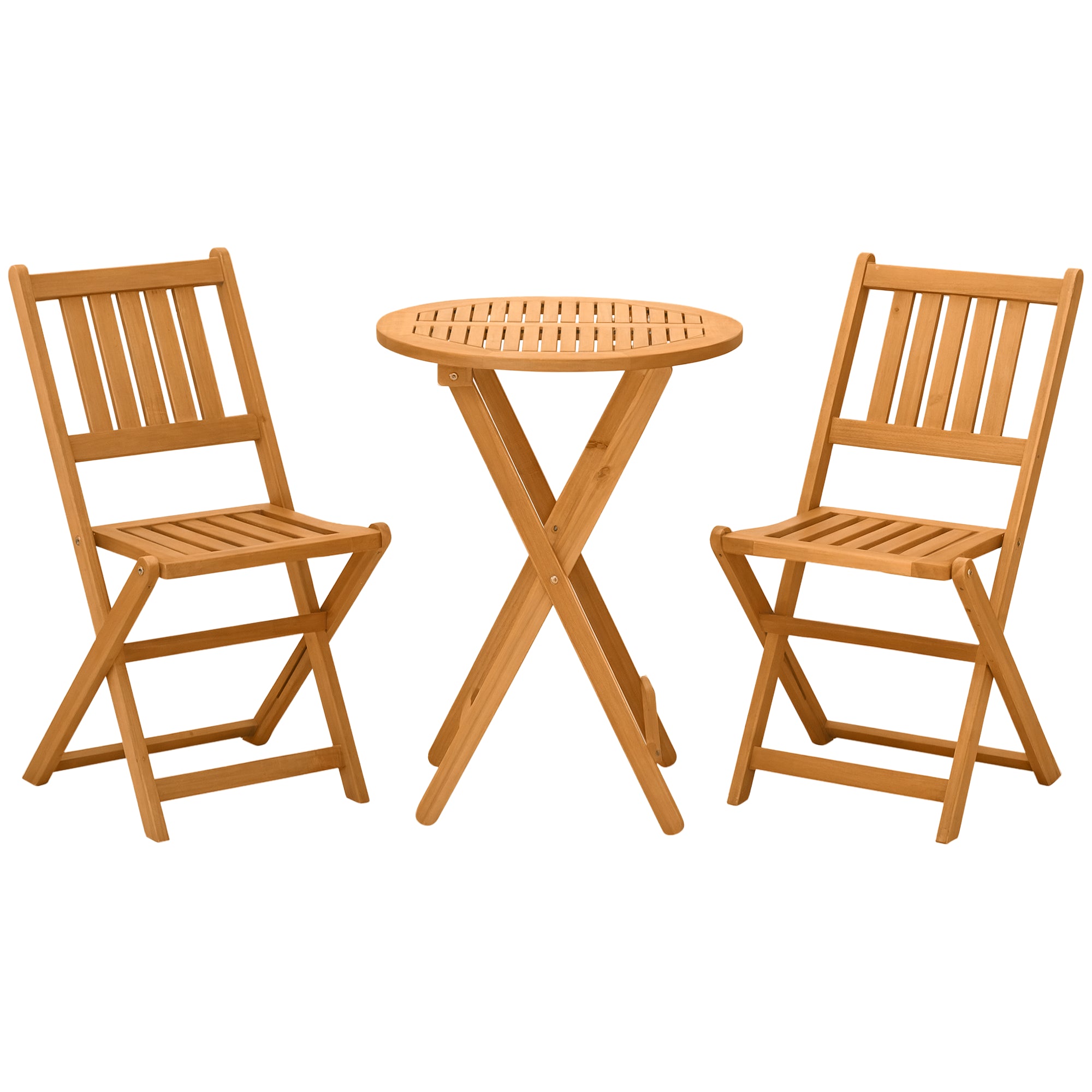 3-Piece Acacia Wood Bistro Set, Folding Patio Furniture with 2 Folding Chairs and Round Coffee Table, Teak, Slatted Finish, for Backyard, Balcony, Deck, Natural