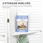 4 Panel 67" Tall Wood Privacy Screen Room Divider with 3 Shelves and Folding Storage for Bedroom, White