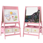 Art Easel for Kids, Double-Sided Whiteboard & Chalkboard with Paper Roll, Storage Baskets for Toddlers Ages 3-8, Pink