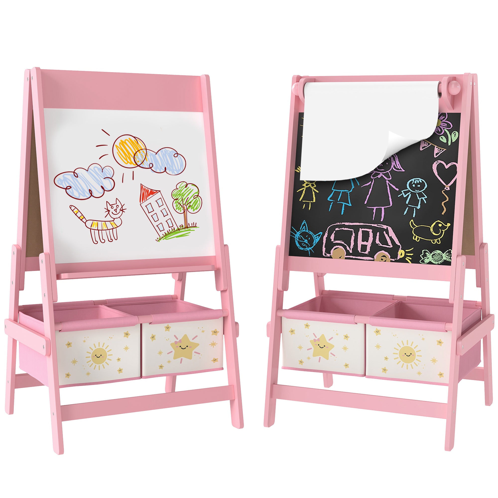 Art Easel for Kids, Double-Sided Whiteboard & Chalkboard with Paper Roll, Storage Baskets for Toddlers Ages 3-8, Pink
