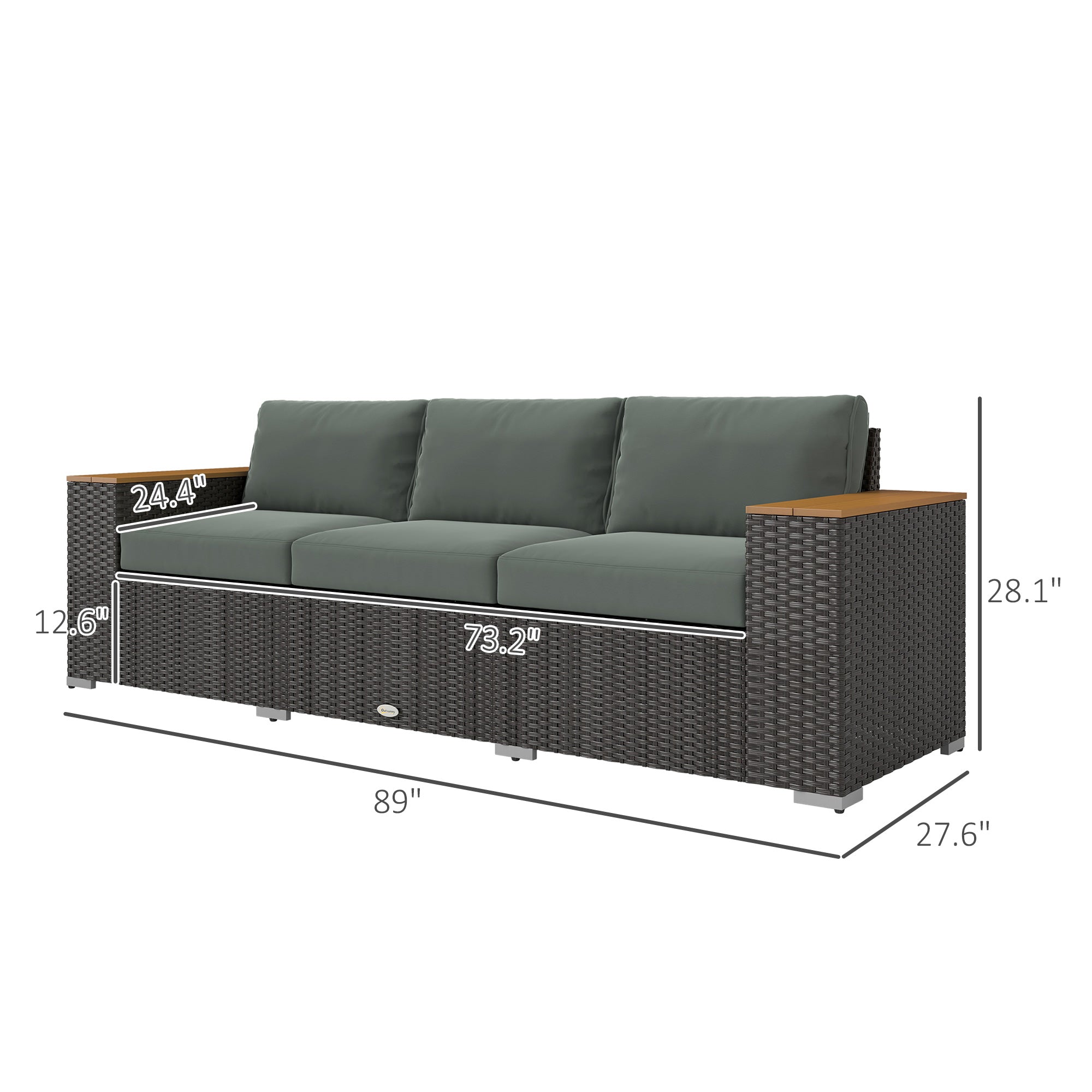 3-Seat Outdoor Patio Sofa, PE Wicker Outdoor Couch with Extra Wide Deep Seat, Wide Armrests 4" Cushions, Dark Gray