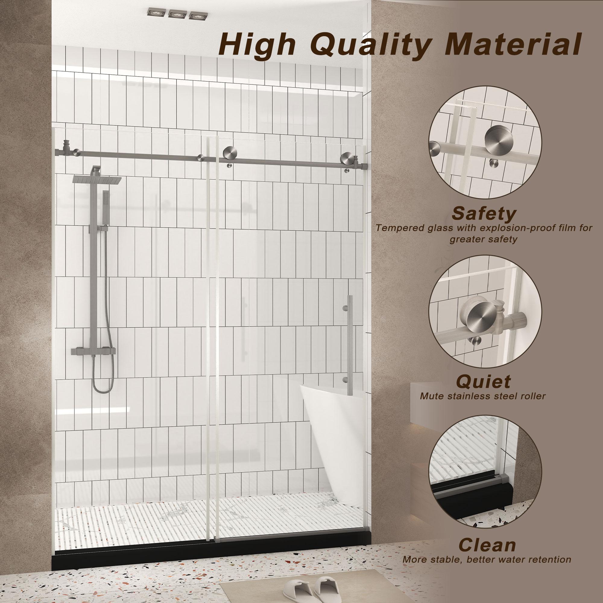 Frameless Shower Door with Anti-Shatter Safety Film and Bottom Water-Blocking Strip, Panel for Bathroom, 60" L x 0.5" W x 76" H, Brushed Nickel