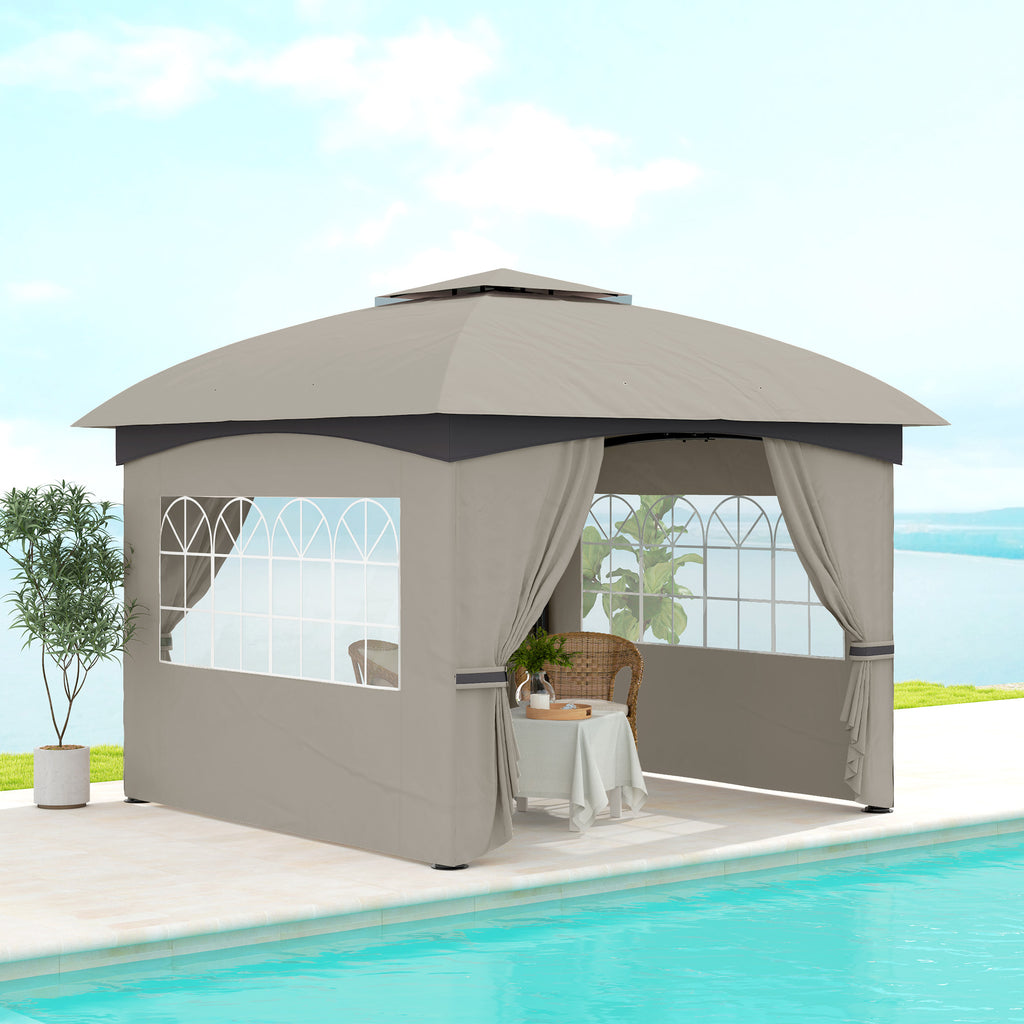 11' x 11' Outdoor Gazebo, Double Roof Patio Gazebo with Curtains, Church Windows, Galvanized Steel Frame, Light Gray