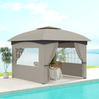 11' x 11' Outdoor Gazebo, Double Roof Patio Gazebo with Curtains, Church Windows, Galvanized Steel Frame, Light Gray