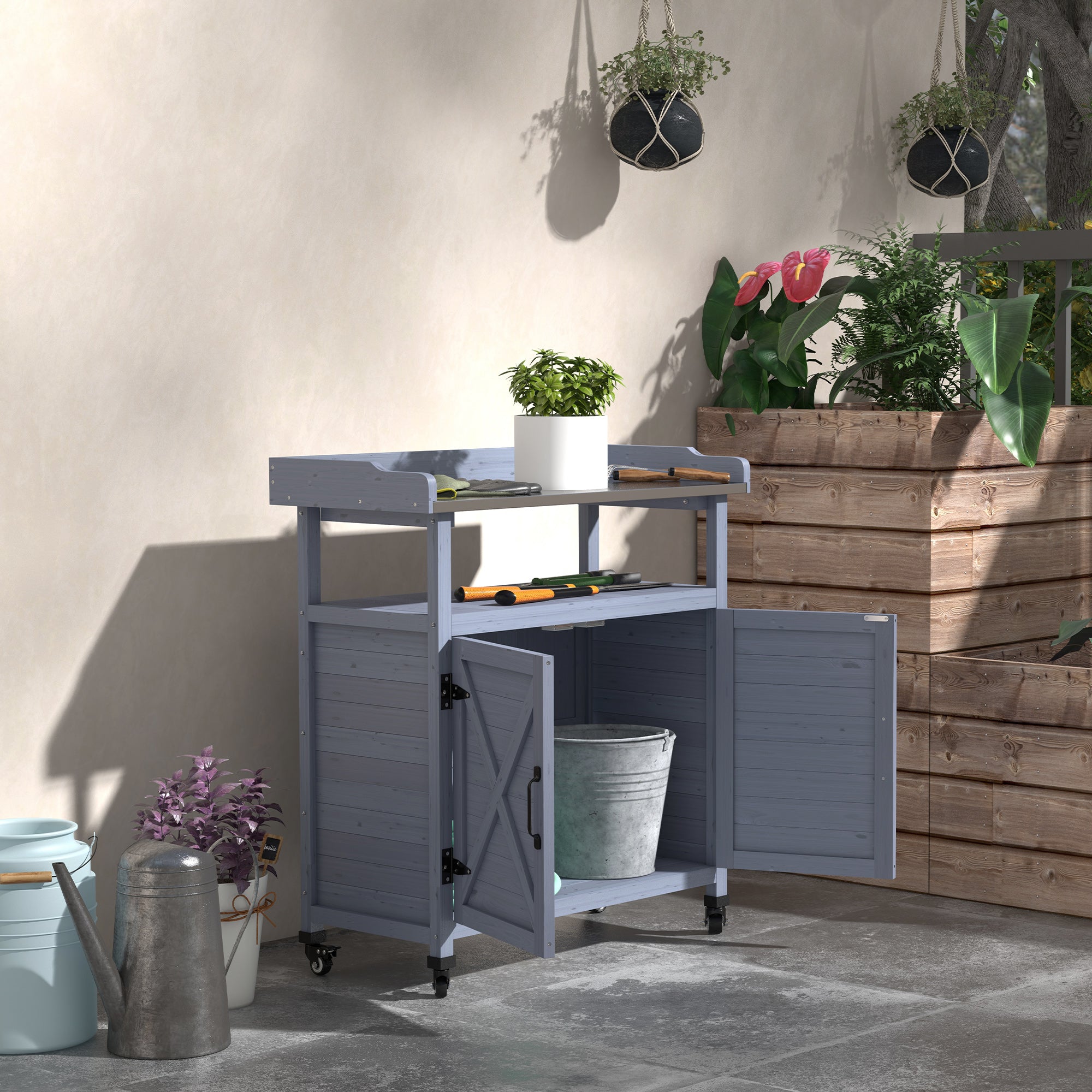 Outdoor Wooden Potting Bench with Storage Cabinet, Aluminum Tabletop, Rubber Wheels for Backyard, Patio, Balcony, Gray