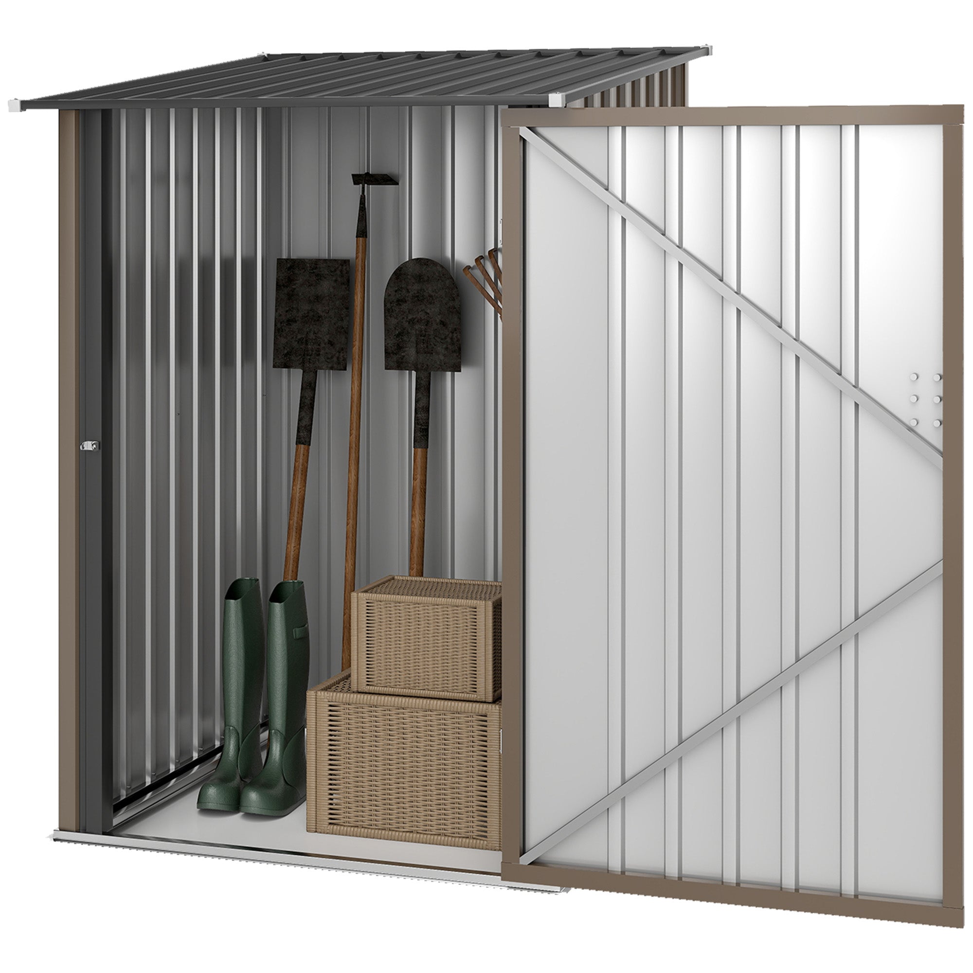 Outdoor 3.3' x 3.4' Lean-to Garden Storage Shed, Galvanized Steel Tool House with Lockable Door for Patio, Brown