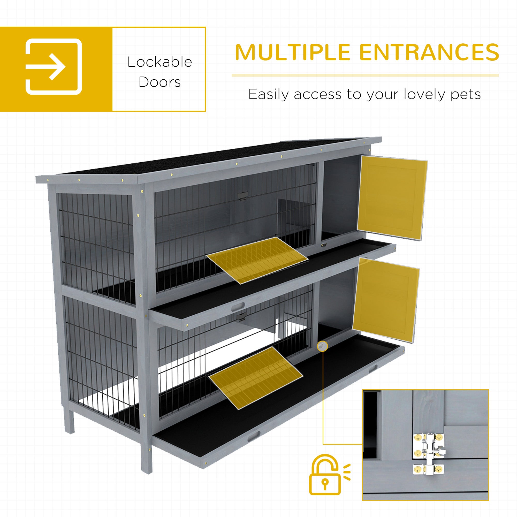 54" 2-Story Large Rabbit Hutch Bunny Cage Wooden Pet House Small Animal Habitat Lockable Doors, Tray, Roof, Gray