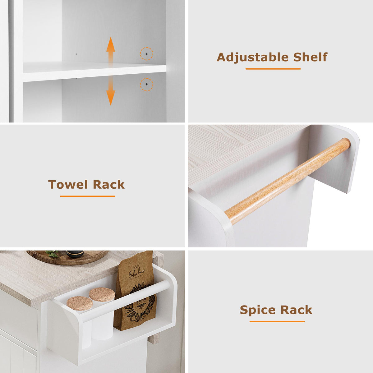 Kitchen Island with Trash Can Storage, Drop Leaf, Spice and Towel Rack, Adjustable Shelf, Utility Cart on Wheels, 51" L x 31.5" W x 35" H, White