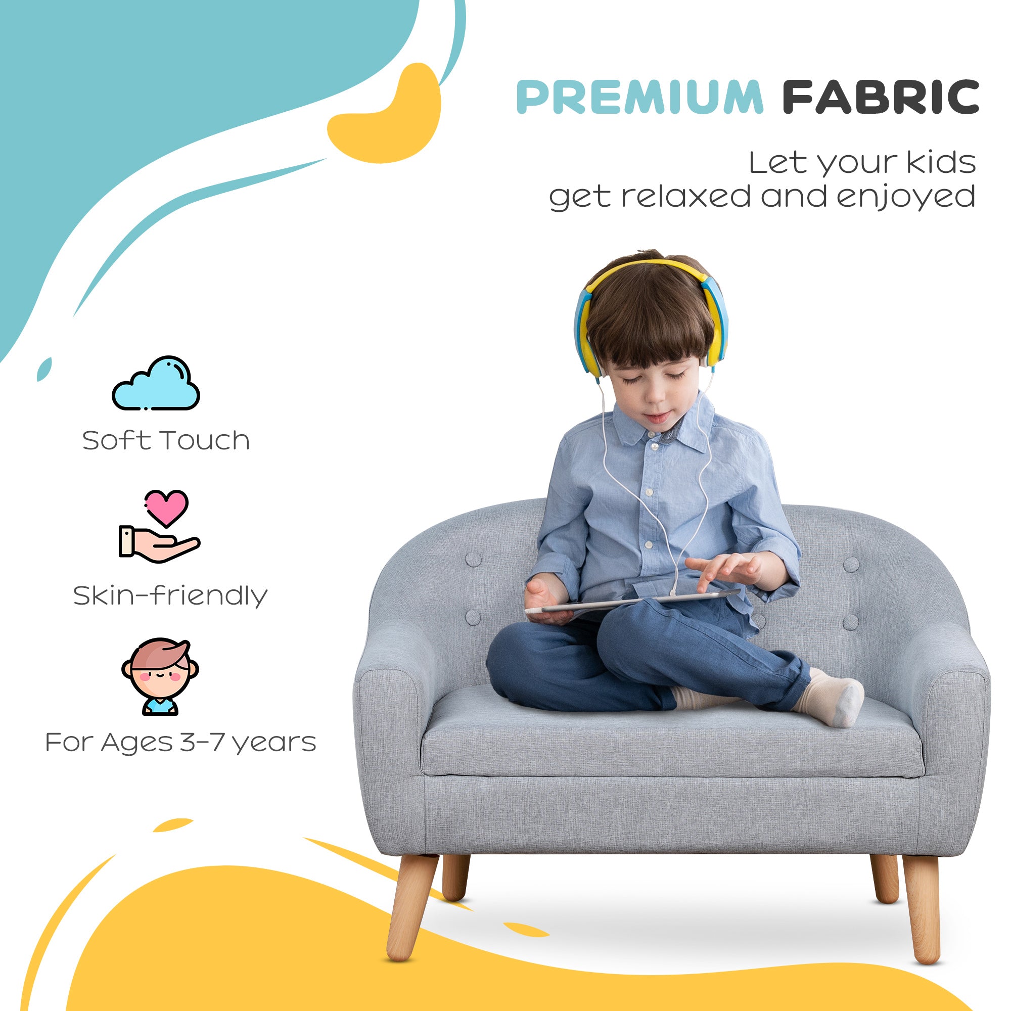 2-Seat Kids Sofa, Toddler Sofa Couch, Linen-Like Fabric & Wood Frame Sofa Chair for Ages 3-7, 11" High Seat, Gray