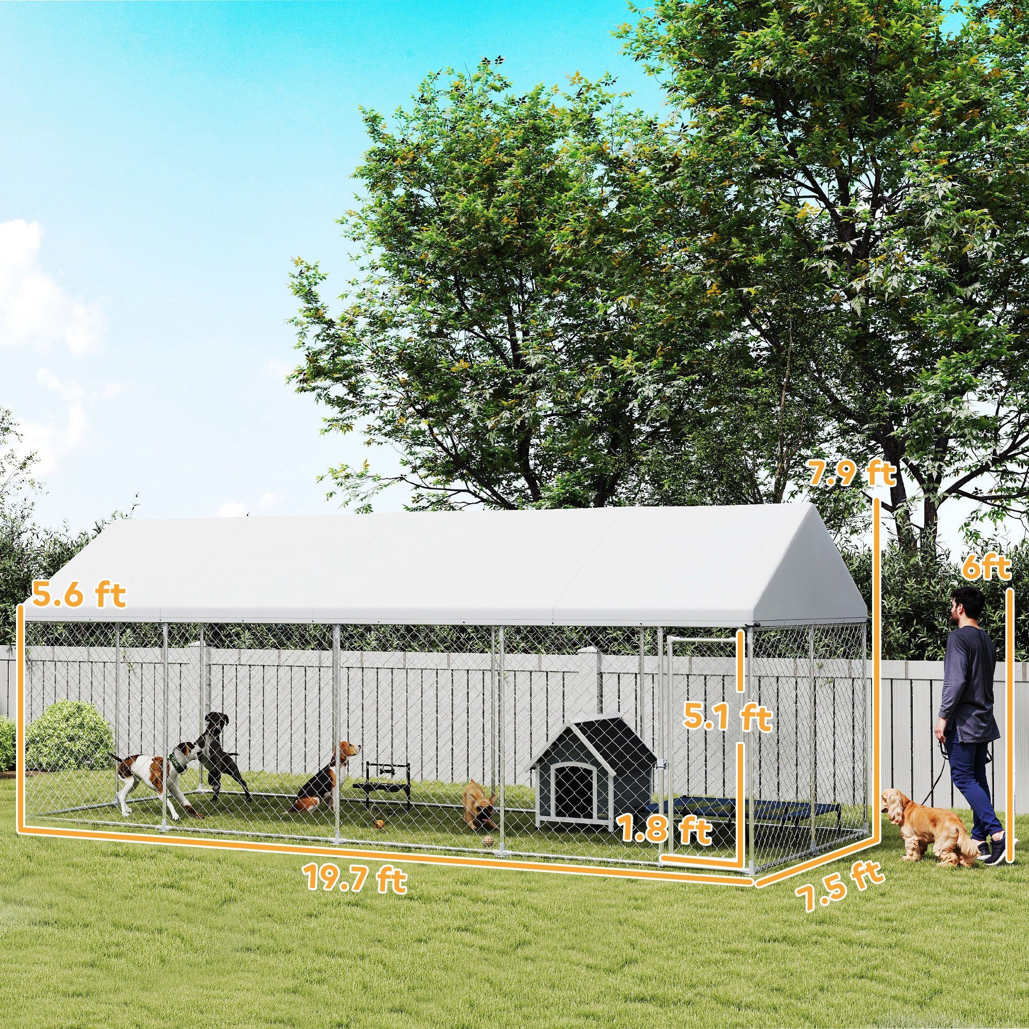 Heavy Duty Outdoor Dog Kennel with Waterproof Roof, Secure Latch, Chain Link Dog Run for Backyard, 20' x 7.5' x 8'