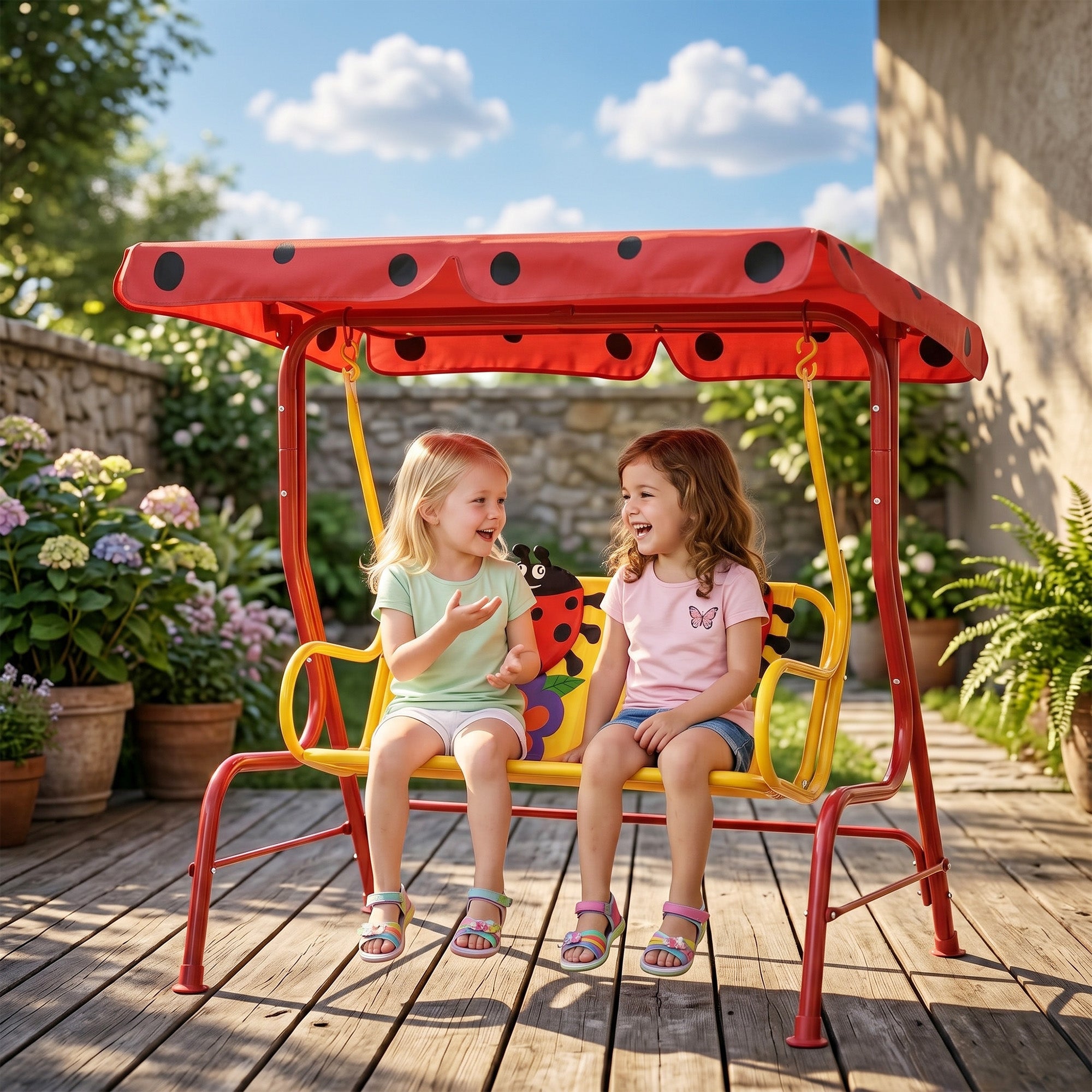 Kids Patio Swing, Adjustable Canopy Swing Glider, Kids Outdoor Swing Chair with 2 Seats, Seat-Belted Safety, Red