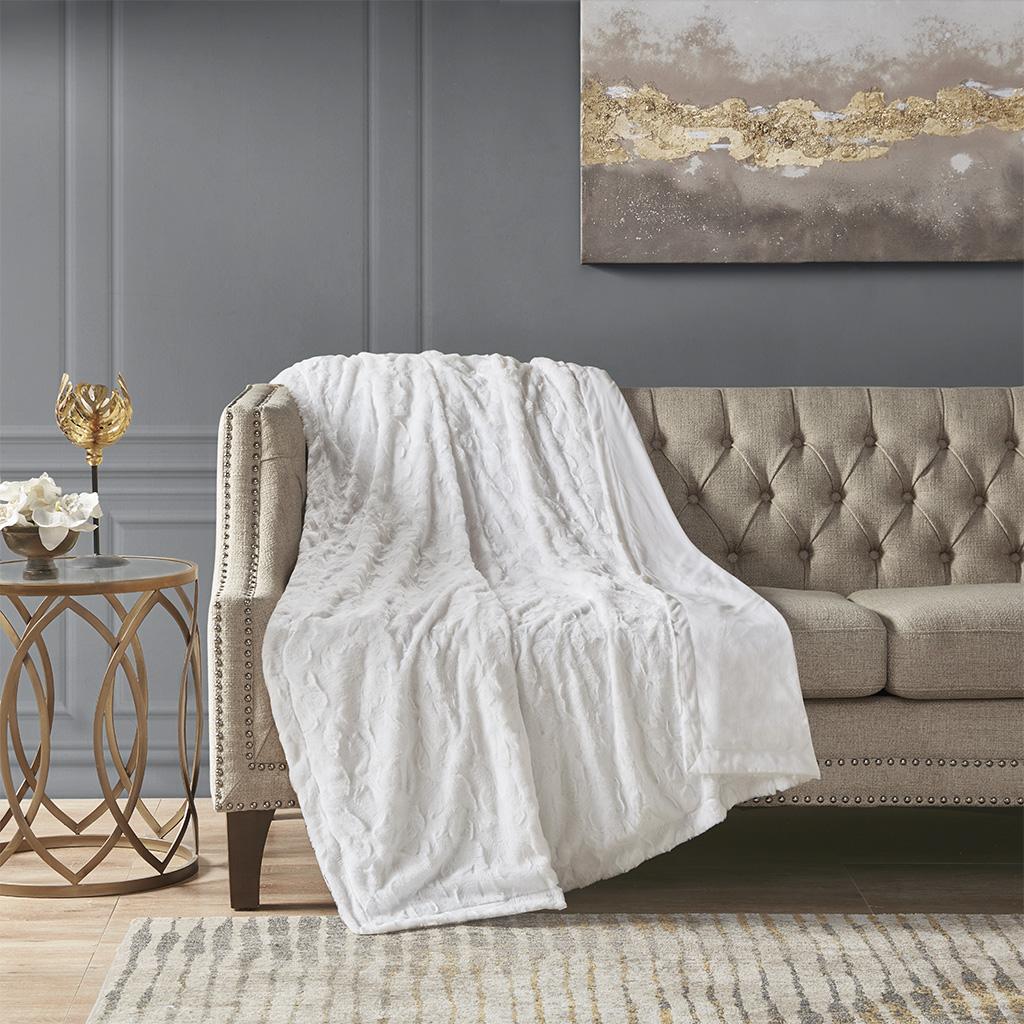 Luxurious Oversized Faux Fur Throw with Solid Mink Reverse, Machine Washable Blanket with Easy Maintenance, 70" L x 60" W x 0.25" H, White