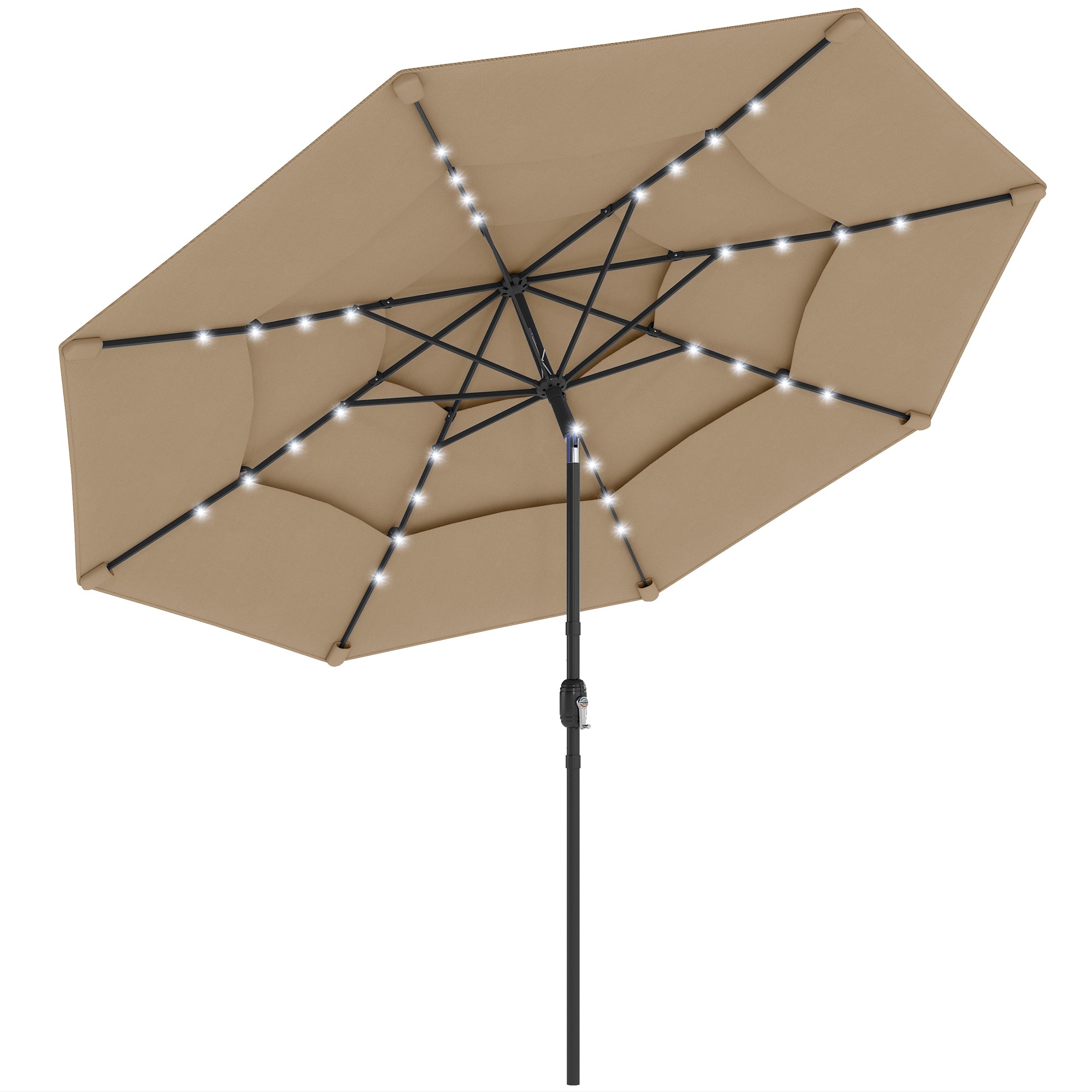 9.7 ft Outdoor Patio Umbrella with Solar LED Lights, 3 Tier Outdoor Table Umbrella with Tilt, Crank, Khaki