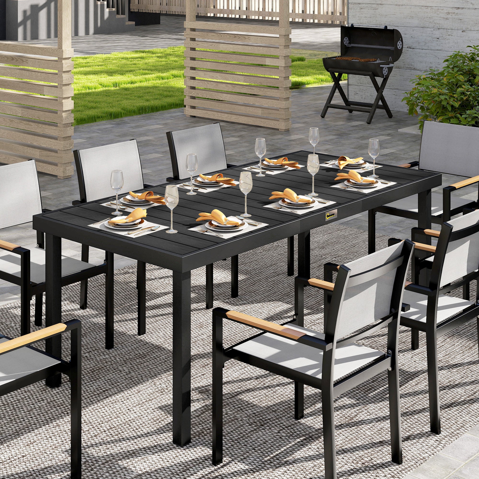 75" x 35" Outdoor Dining Table for 8 People, Rectangular Aluminum Frame Garden Table with All-Weather Faux Wood Top for Lawn, Patio, Black