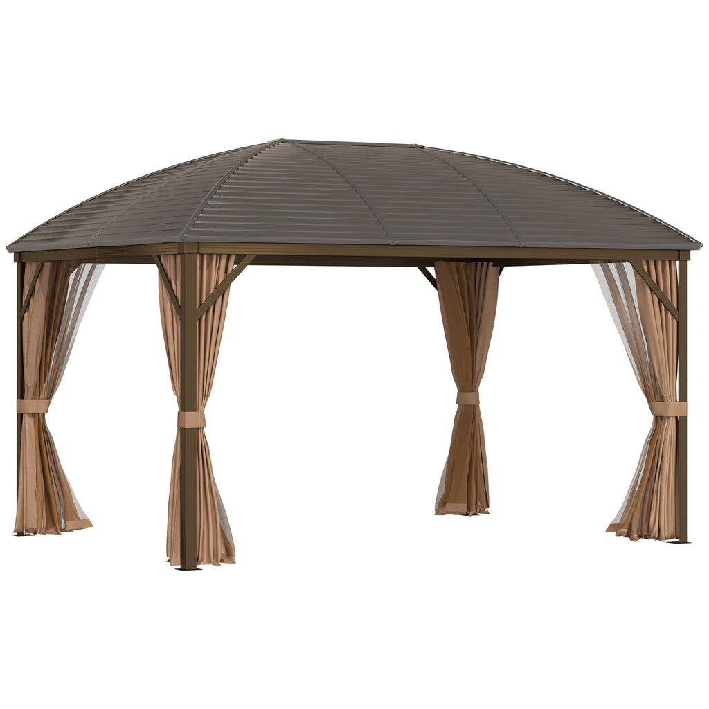 10' x 13' Hardtop Gazebo with Curtains, Netting, Pavilion with Steel Roof Ceiling Hook for Garden Patio, Brown