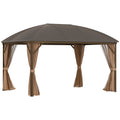 10' x 13' Hardtop Gazebo with Curtains, Netting, Pavilion with Steel Roof Ceiling Hook for Garden Patio, Brown