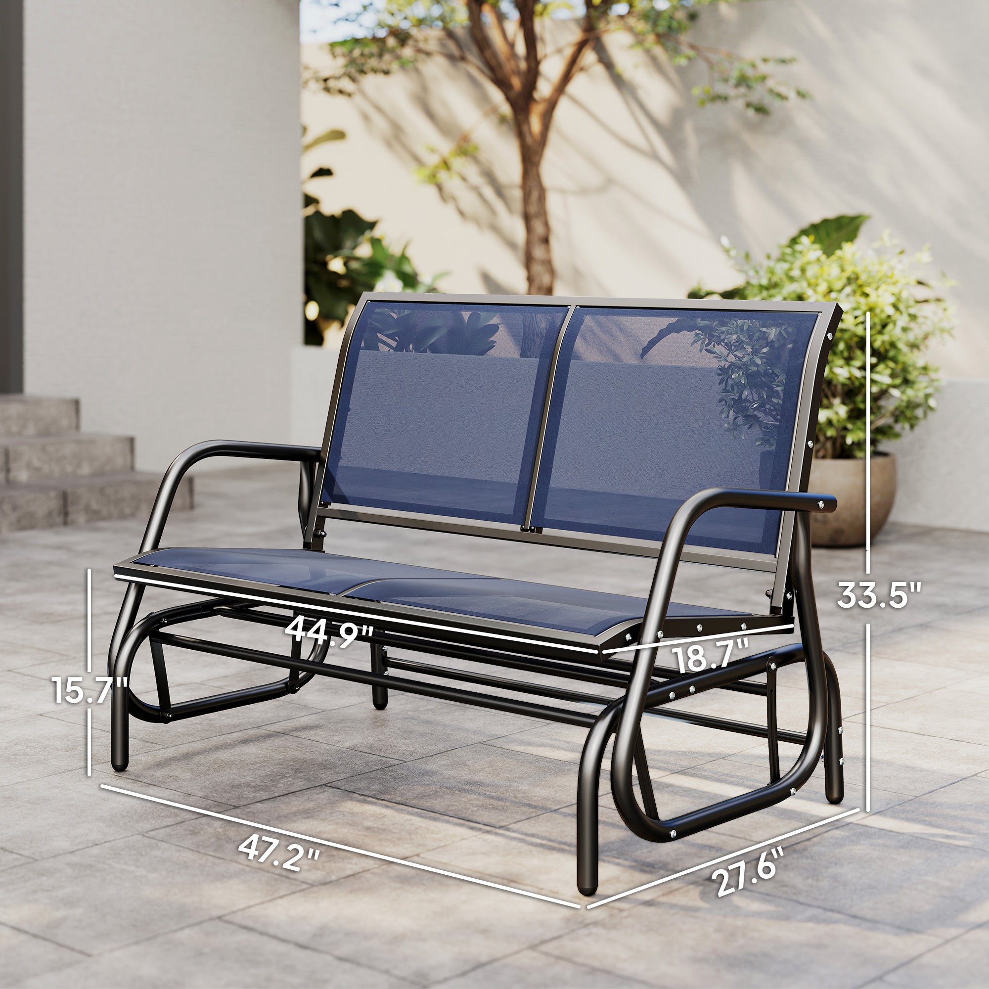2-Person Outdoor Glider Bench, Patio Double Swing Rocking Chair Loveseat with Steel Frame, Dark Blue
