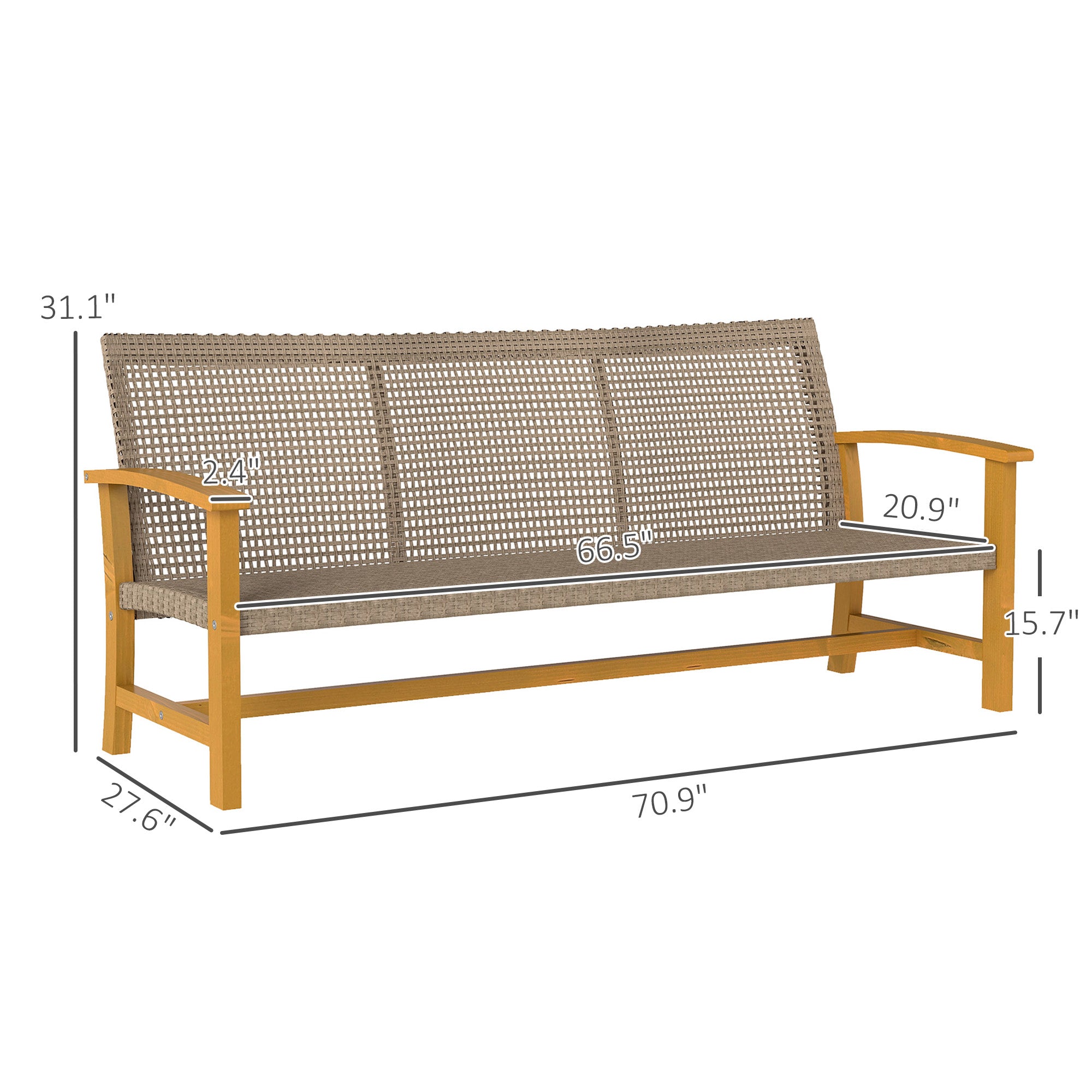 3-Seat Wicker Outdoor Couch Patio Sofa, Acacia Wood Patio Furniture with Steel Seat Armrests, 1000 LBS Capacity, Teak