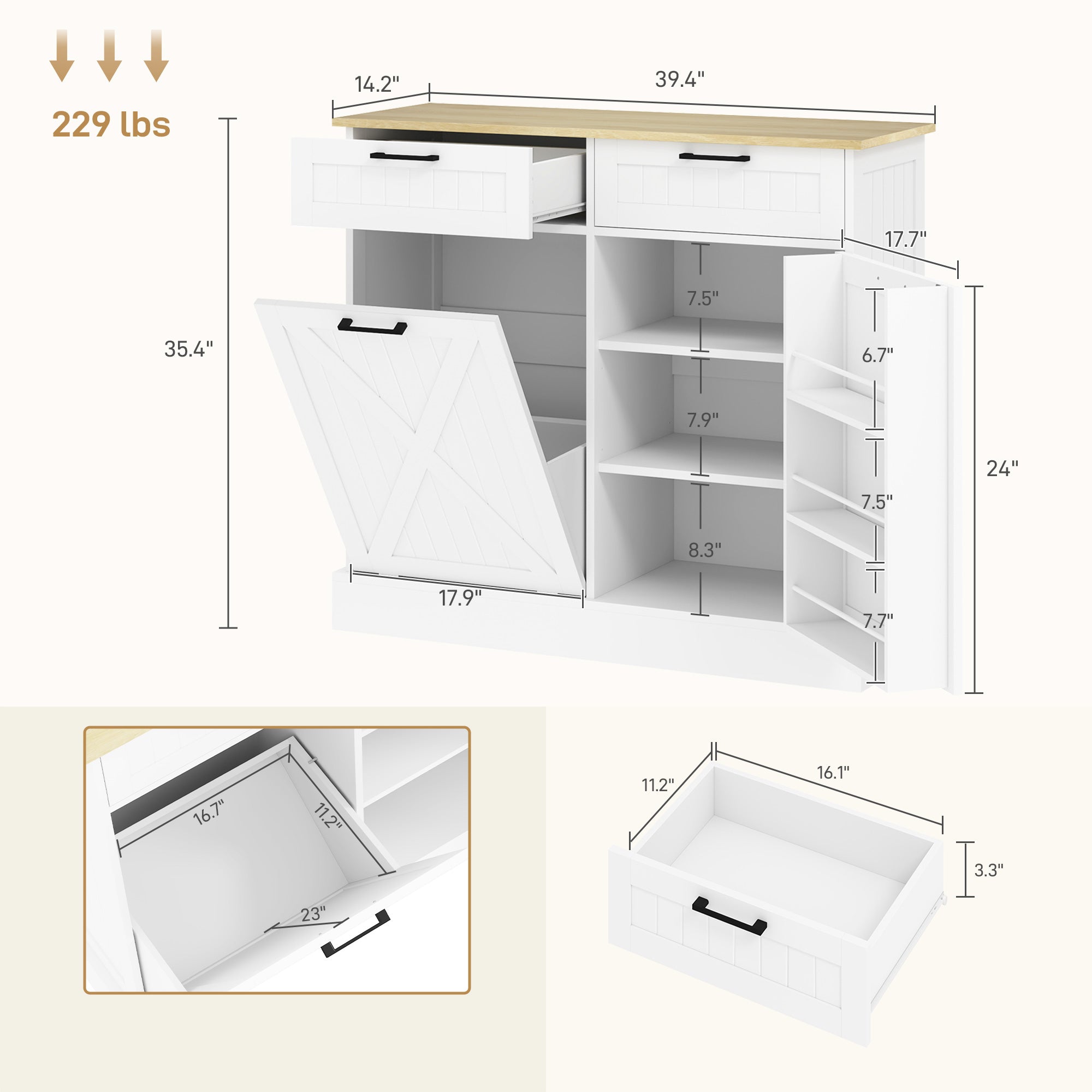 10 Gallon Farmhouse Kitchen Cabinet with Hidden Trash Can and 2 Drawers, Tilt Out Trash Can Cabinet for Kitchen, White