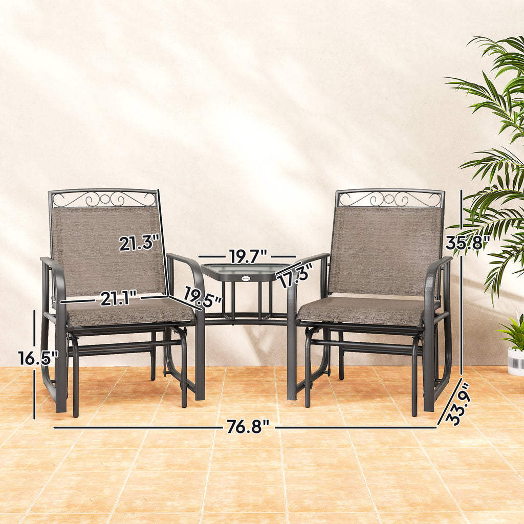 Outdoor Glider Chairs with Coffee Table, Patio 2-Seat Rocking Chair Swing with Breathable Sling for Backyard, Garden and Porch, Brown