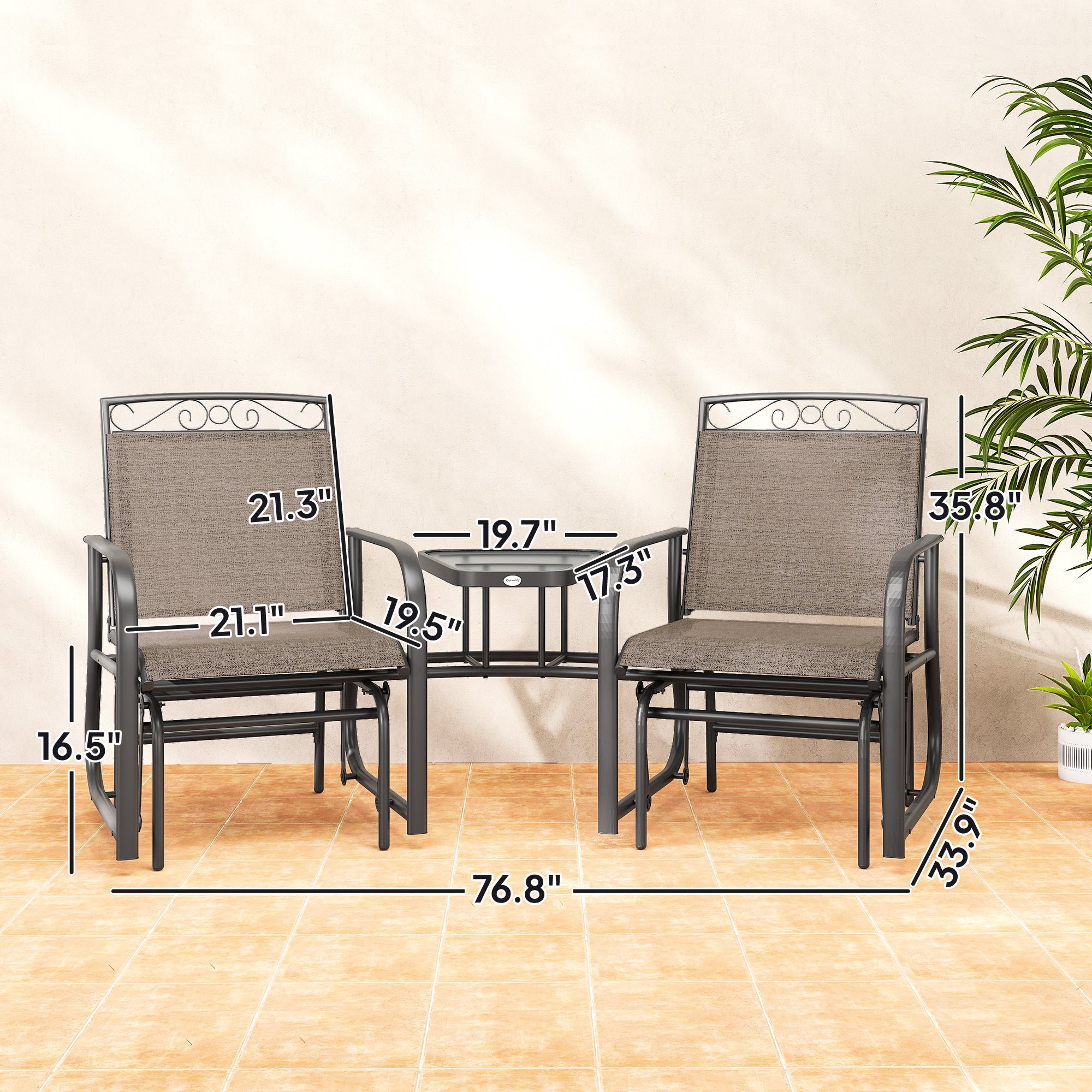 Outdoor Glider Chairs with Coffee Table, Patio 2-Seat Rocking Chair Swing with Breathable Sling for Backyard, Garden and Porch, Brown