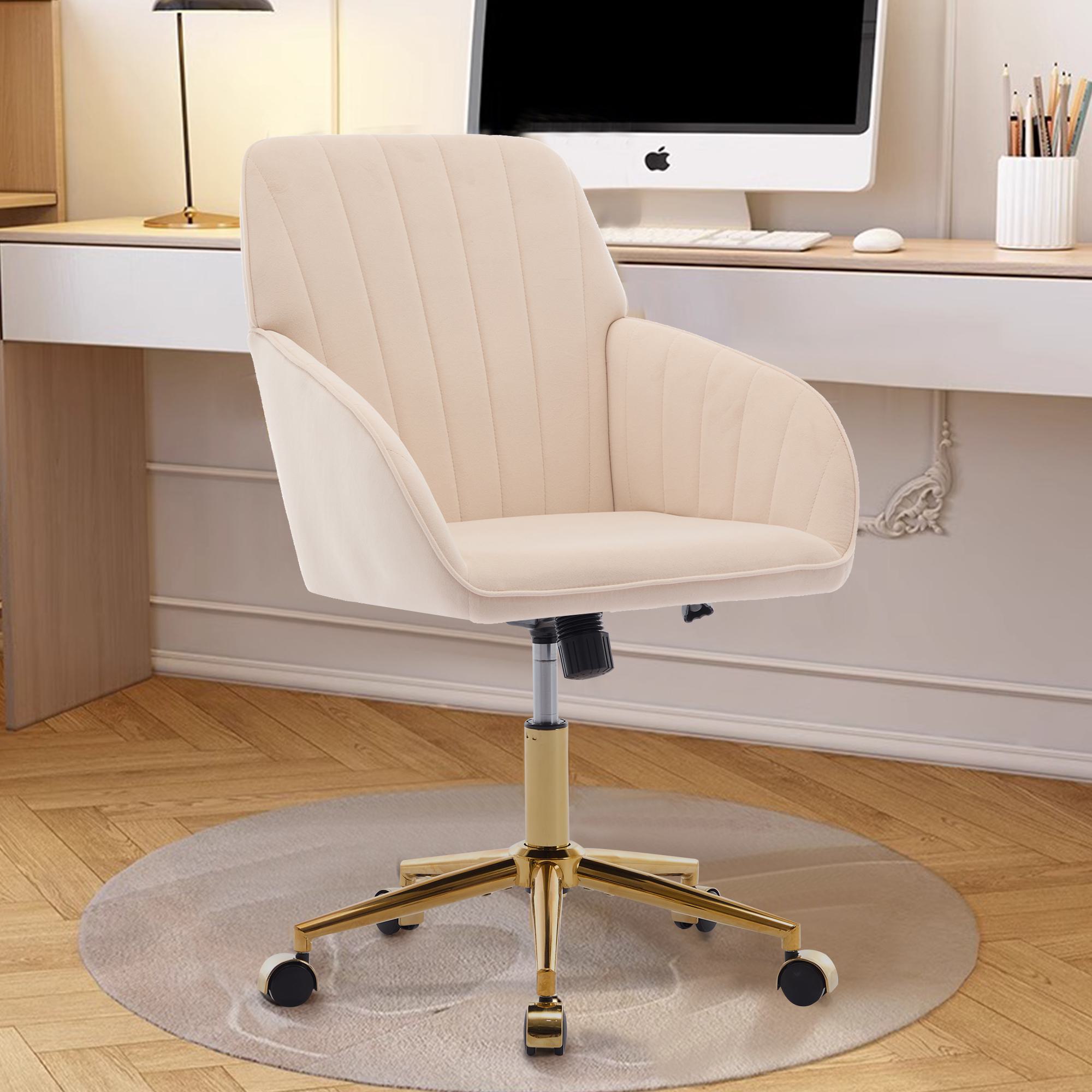 Adjustable Ergonomic Swivel Chair with Velvet Cushion and Golden Base, Office Chair, 25" L x 23" W x 38" H, khaki