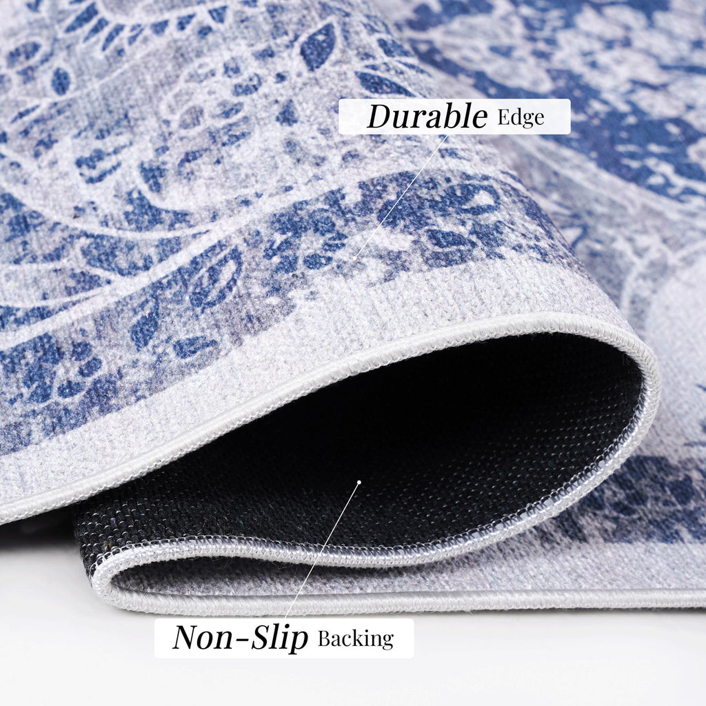 2x10 Low-Pile Non-Slip Non-Shedding Washable Area Rug, Kid and Pet Friendly, Foldable Carpet for Bedroom, Kitchen, Dining Room, Blue