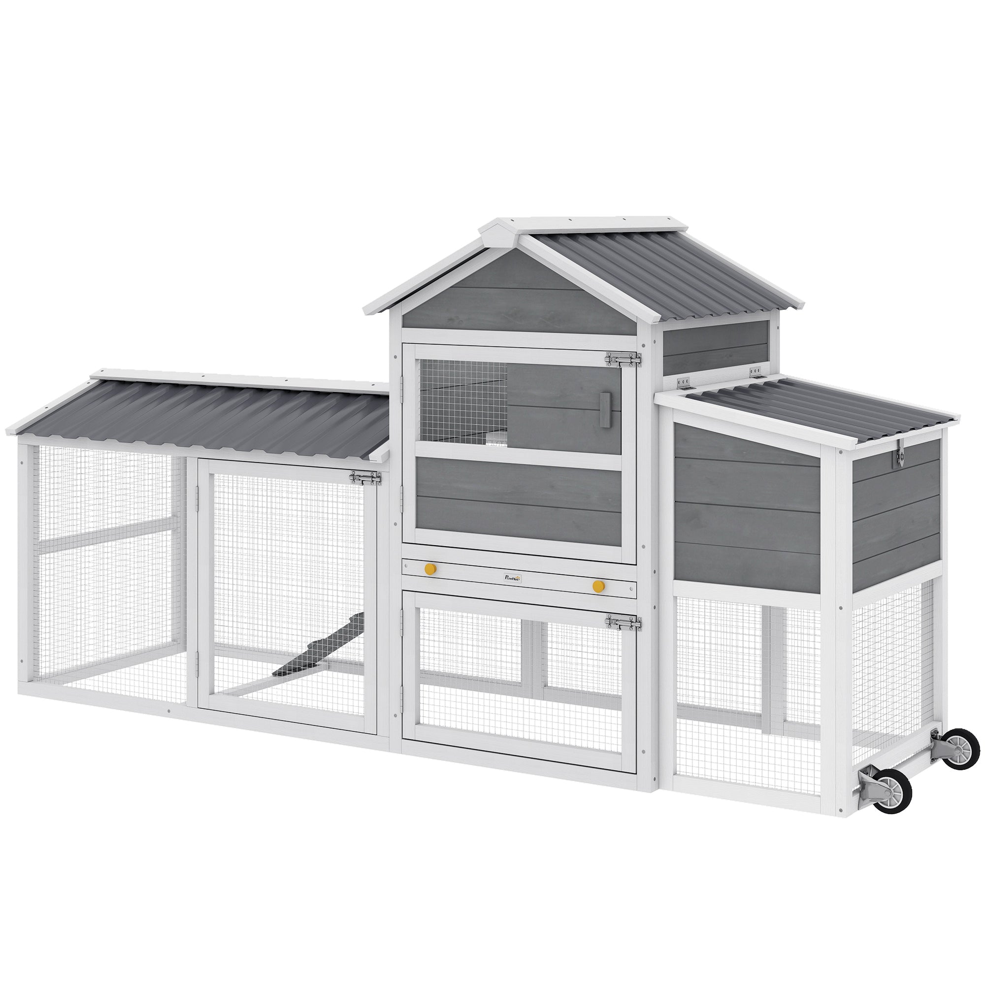 Chicken Coop with Wheels, 80" L Mobile Hen House with Run, Outdoor Wooden Chicken House with Nesting Box, Tray, Ramp