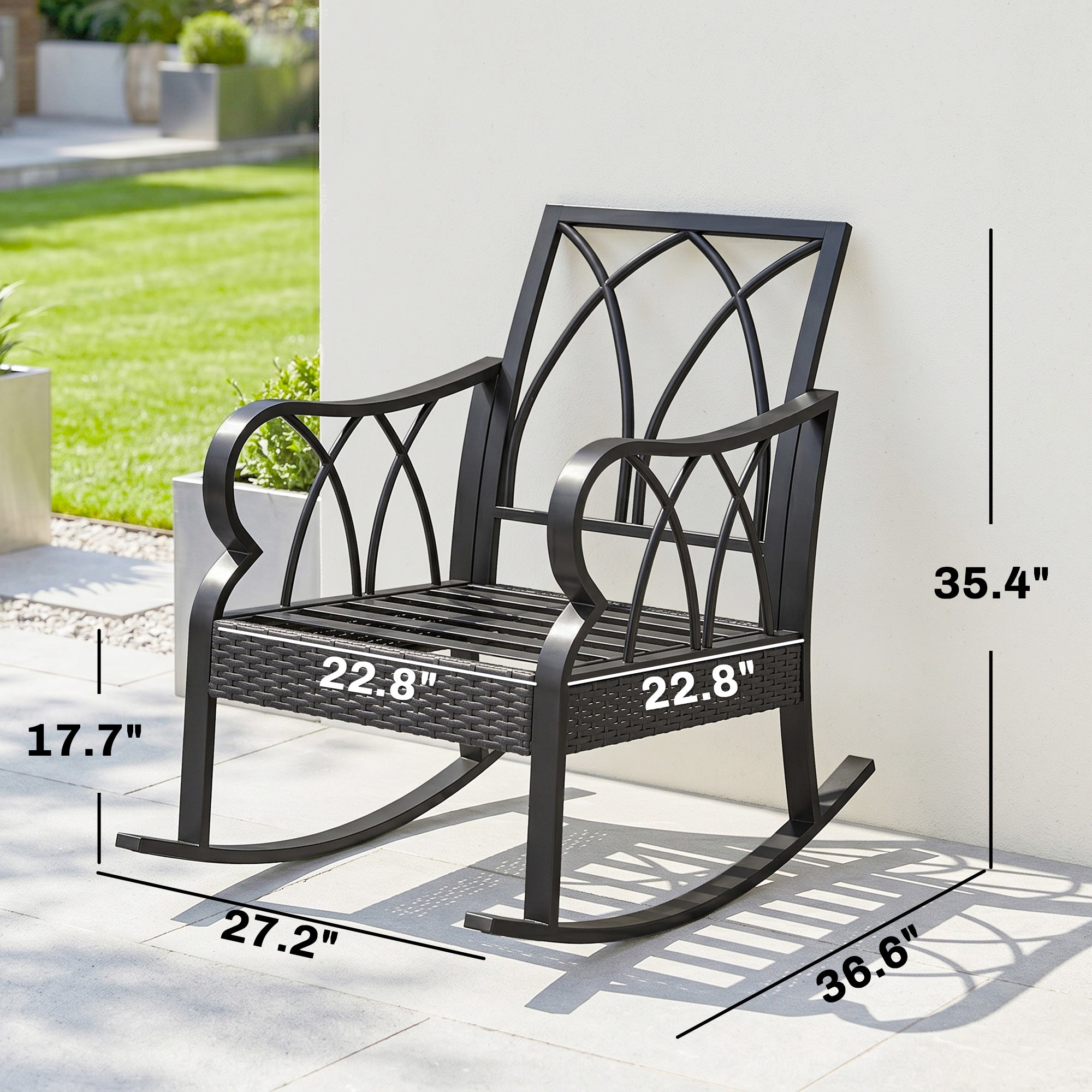 Outdoor Wicker Rocking Chair with Padded Cushions, Aluminum Furniture, Rattan Porch Rocker Chair w/ Armrest, Navy Blue