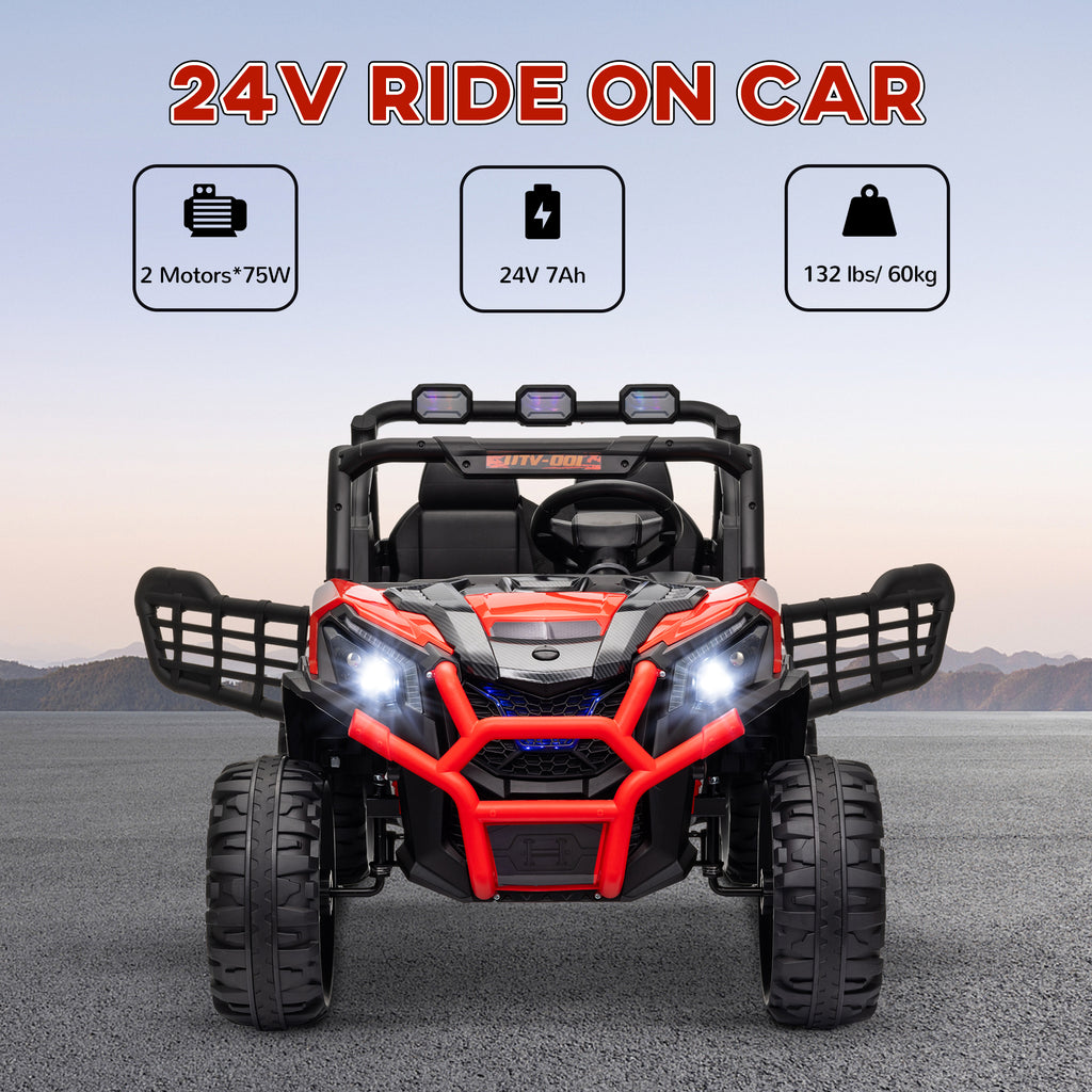 2 Seater 24V Kids Electric Car w/ Remote Control, 3 Speed, LED Lights, Music, Horn, Spring Suspension, Slow Start, Red