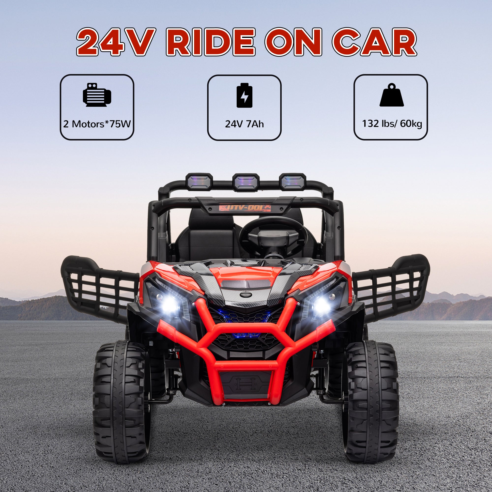 2 Seater 24V Kids Electric Car w/ Remote Control, 3 Speed, LED Lights, Music, Horn, Spring Suspension, Slow Start, Red