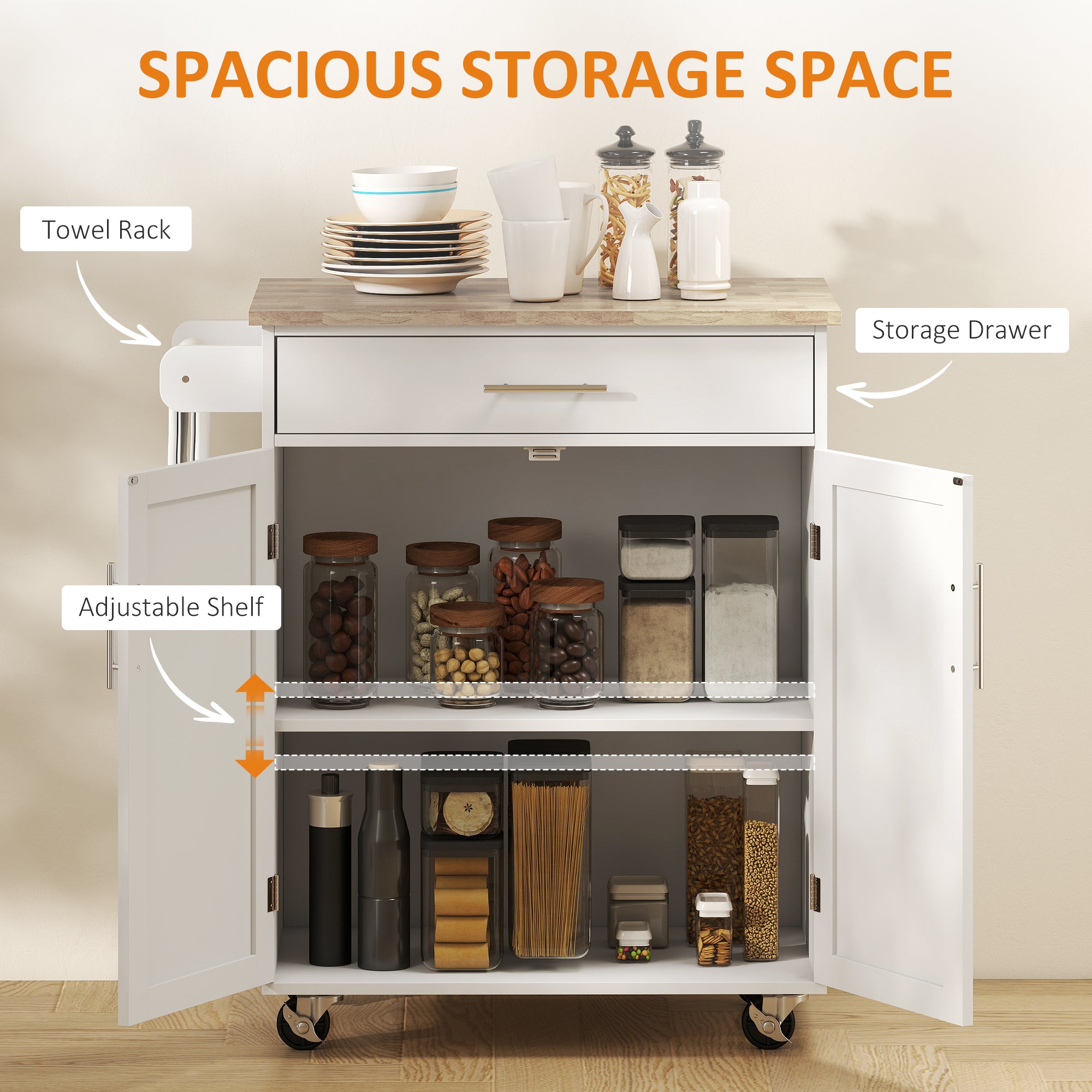 Kitchen Island Cart, Rolling Island Table with Solid Wood Top, Trolley Cart with Drawer, Storage Cabinet & Towel Rack, White