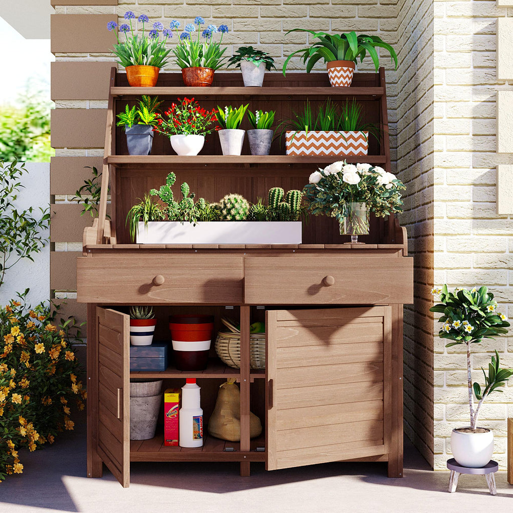 Garden Potting Bench Table with Cabinet, Drawer & Shelf, Fir Wood Outdoor Workstation for Garden & Patio, 47'' L x 23'' W x 65'' H, Brown