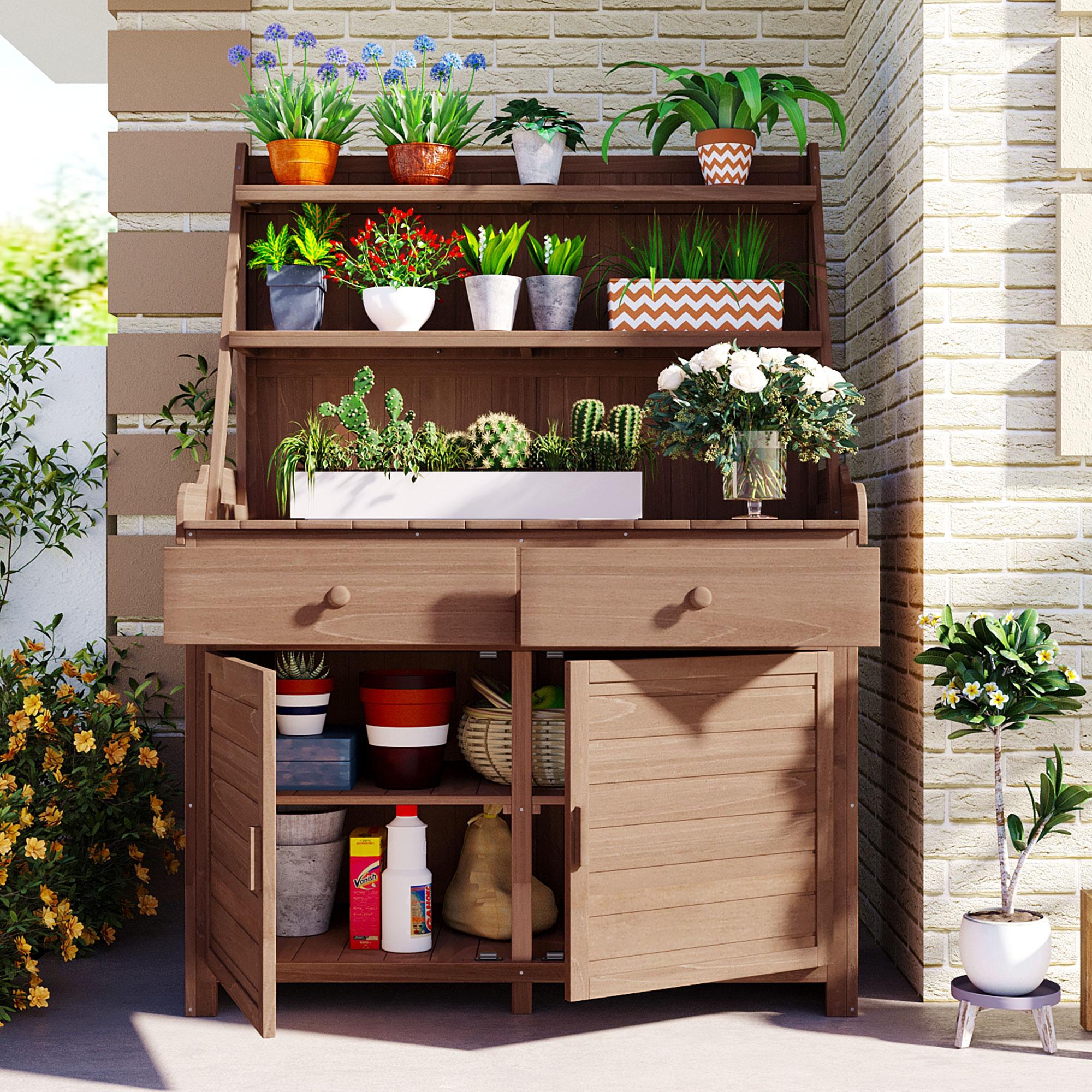 Garden Potting Bench Table with Cabinet, Drawer & Shelf, Fir Wood Outdoor Workstation for Garden & Patio, 47'' L x 23'' W x 65'' H, Brown