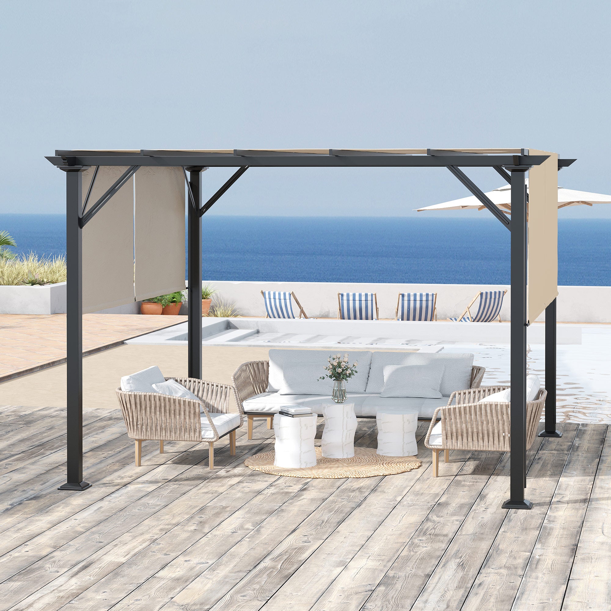 12' x 10' Outdoor Retractable Pergola Canopy with Sun Shade Unique Design Canopy Patio Metal Shelter for Garden Porch Beach, Beige