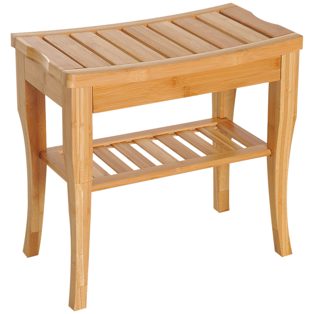 Long Bamboo Shower Bench Seat, 20" Wooden Spa Shower Stool with Underneath Storage Shelf Shoe Organizer