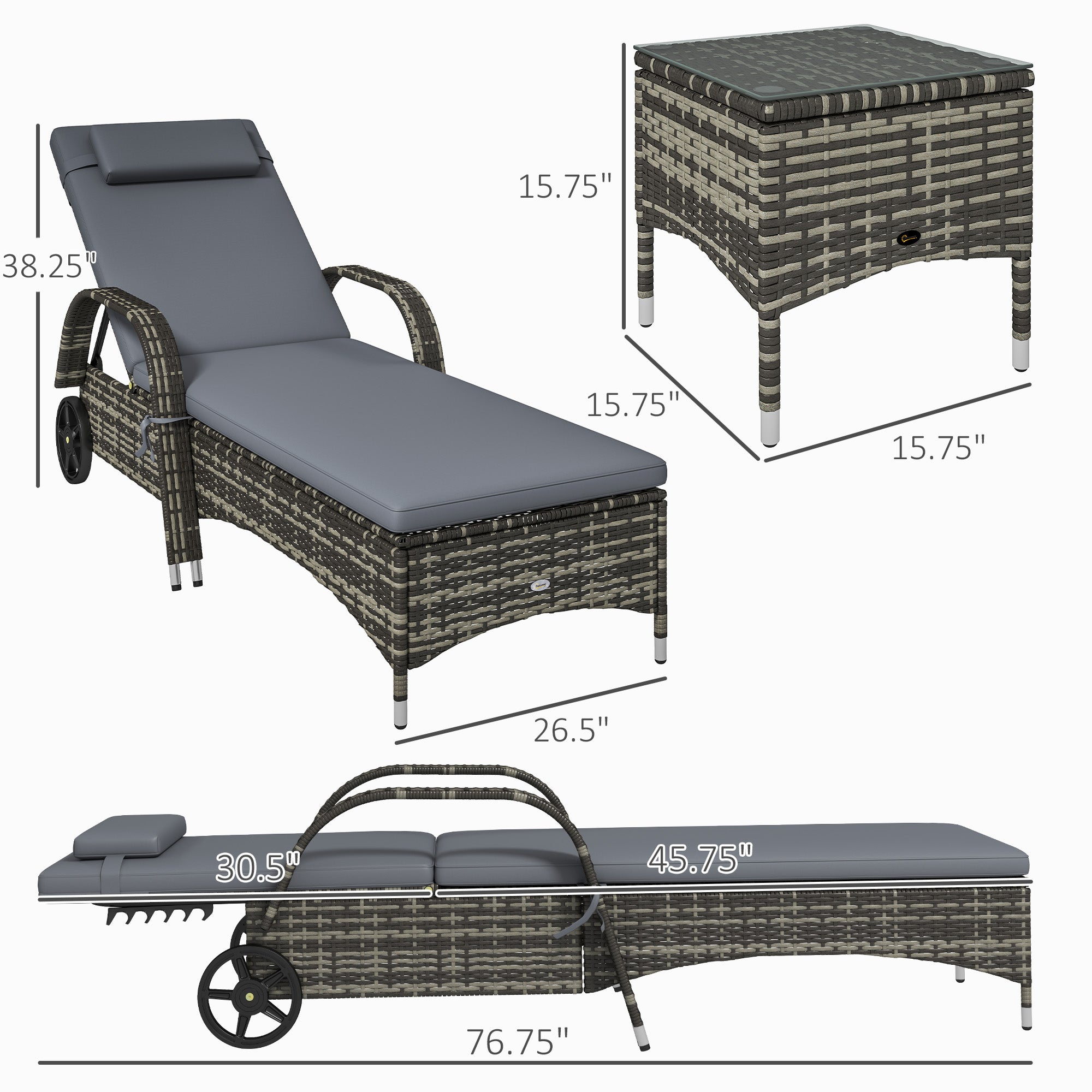 Patio Wicker Chaise Lounge Chair Set of 2 with Table, Adjustable Backrest, Wheels, Cushion & Headrest, Gray