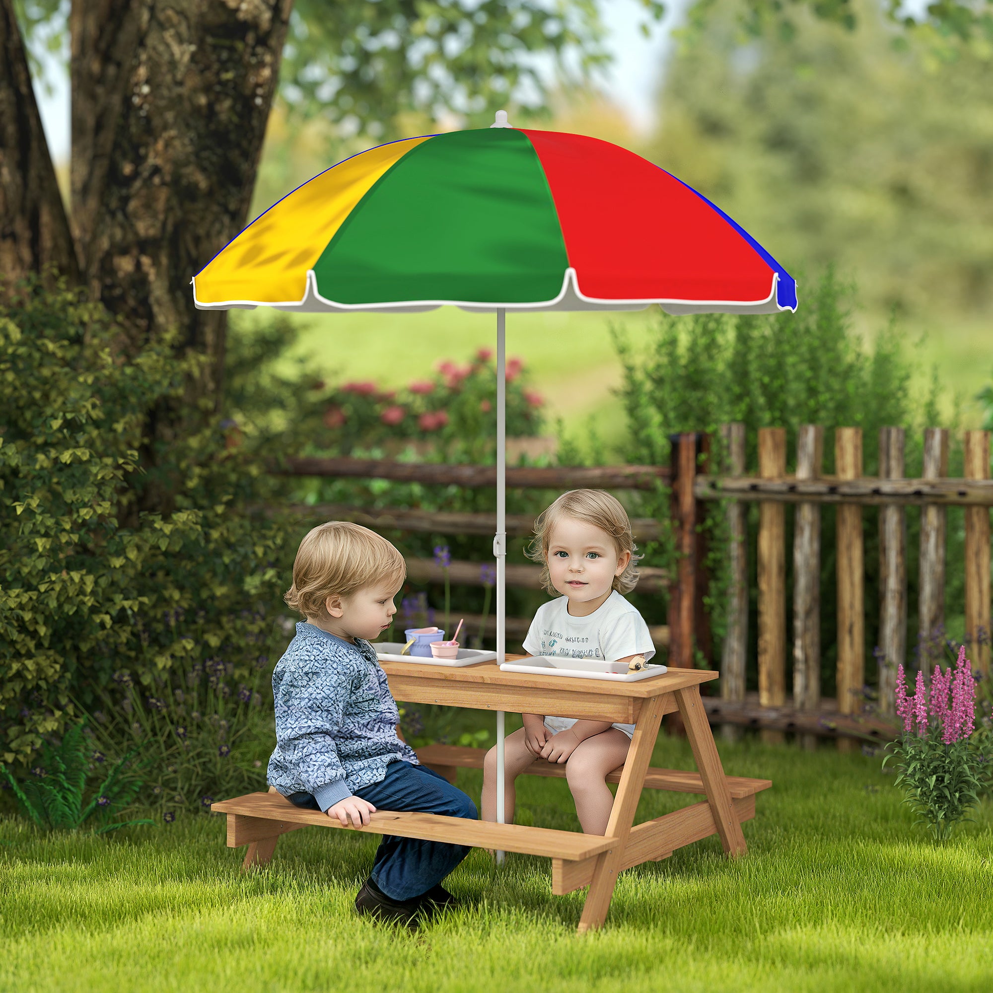 Wooden Outdoor Kids Picnic Table with Removable Umbrella, Children Sand and Water Activity Table for Patio, Mixed Color