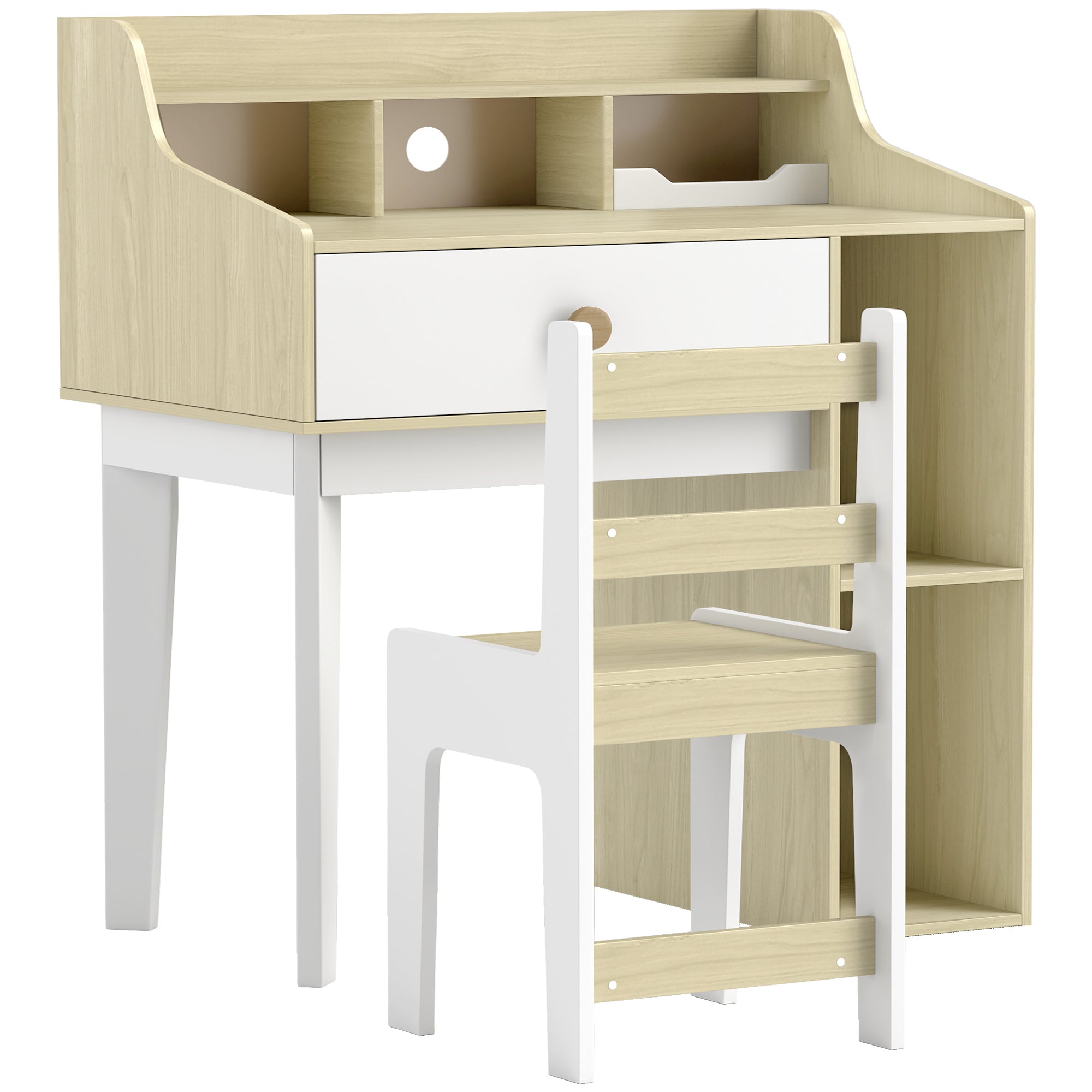 Kids Desk and Chair Set with Storage Shelves, Drawer for 3-10 Years, White