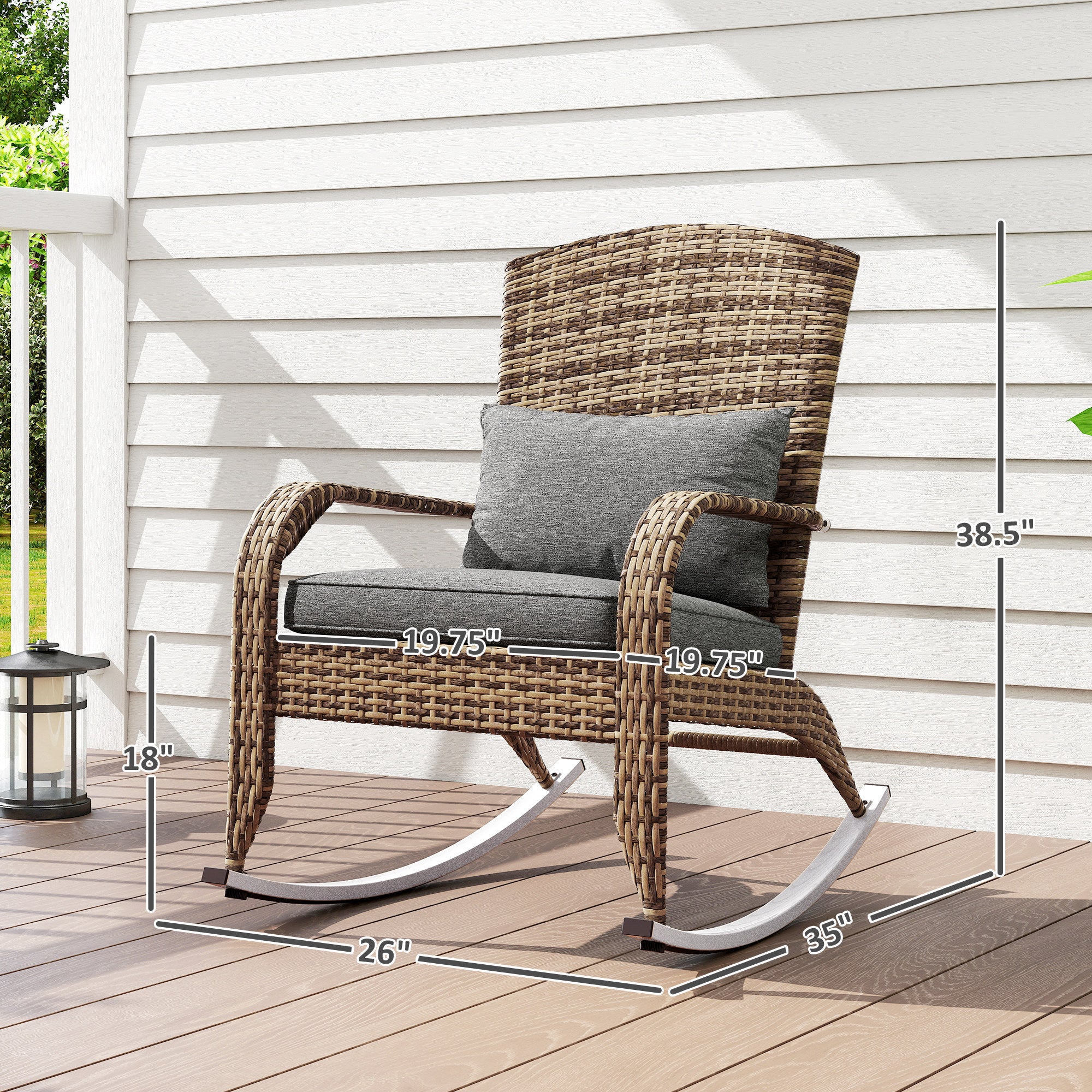 Adirondack Chair, Outdoor Wicker Rocking Chair with High Back, Seat Cushion, and Pillow for Porch, Balcony, Gray