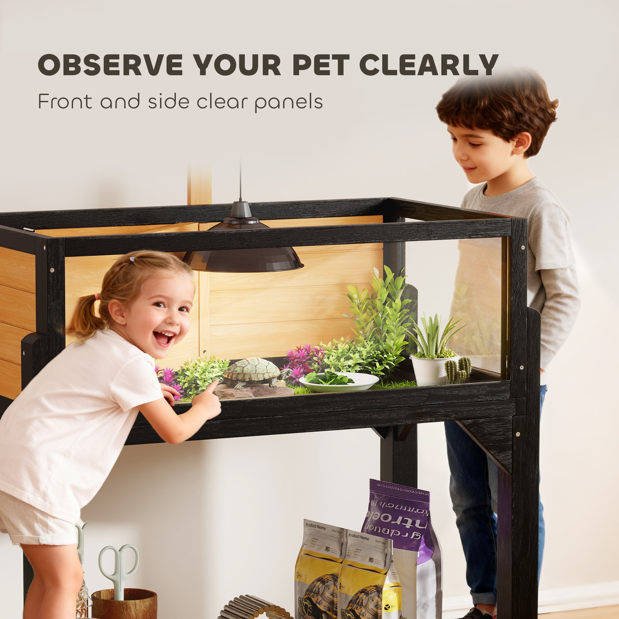 Wooden Tortoise Habitat with Storage Shelf, Tortoise Enclosure with Clear Windows, Openable Top, Lamp Holder, Yellow
