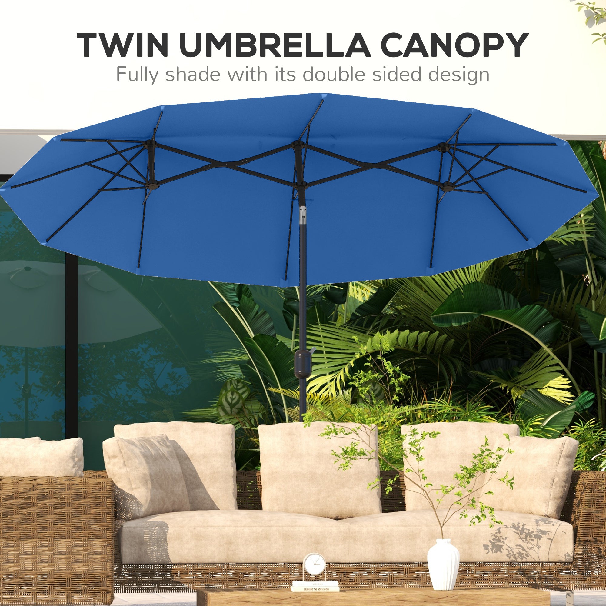 Double-sided Patio Umbrella, 9.5' Outdoor Umbrella with Push Button Tilt and Crank, 3 Air Vents and 12 Ribs, Navy Blue