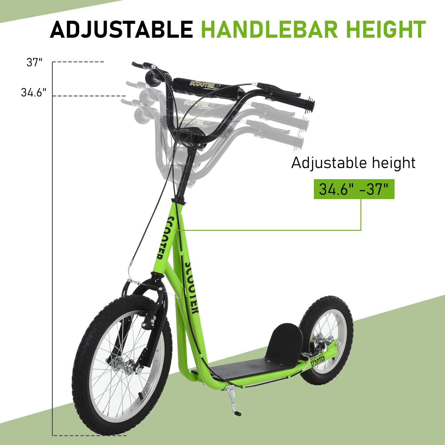 Teens Youth Scooter Ride On Toy with Adjustable Handlebar, Dual Brakes, and Inflatable Wheels For Kids 5+ - Green