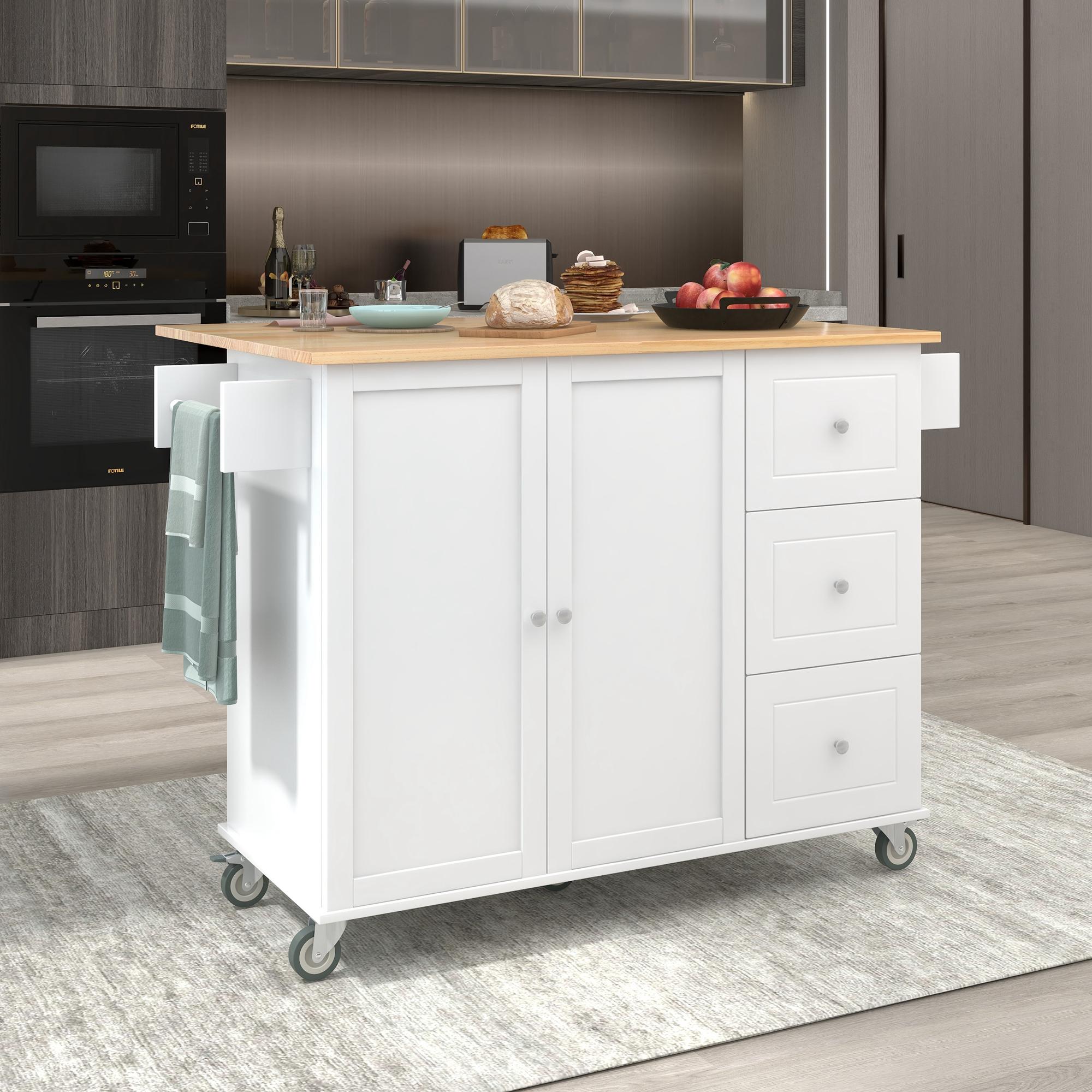 Kitchen Island with Wood Top, Locking Wheels, Racks and Drawers, Central Island with Drop Leaf Breakfast Bar, 53" L x 29.5" W x 37" H, White