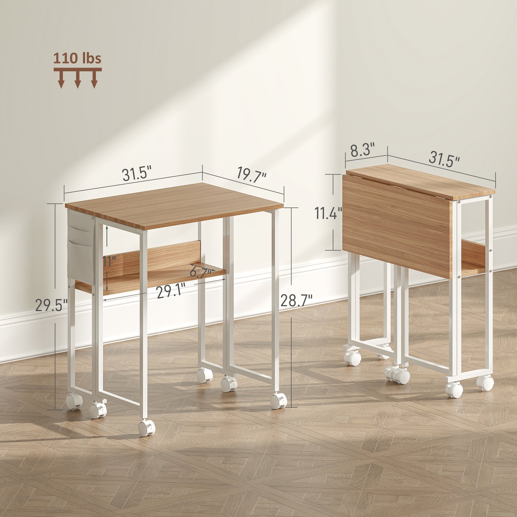 Folding Computer Desk, Foldable Desk with Storage Bag, Shelf and Wheels for Small Spaces, Home Office, Natural Wood