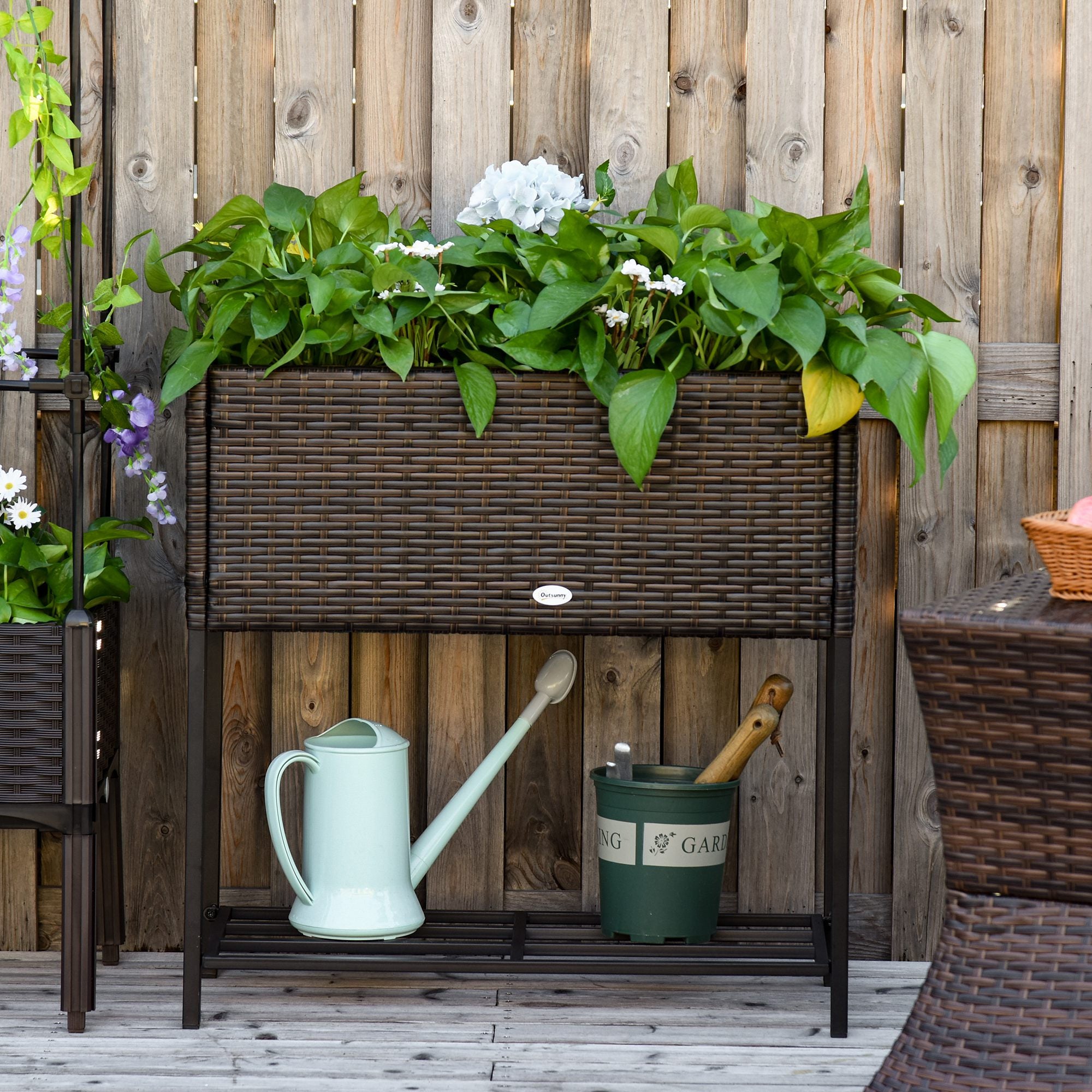 Raised Garden Bed, Elevated Planter Box with Rattan Wicker Look, Tool Storage Shelf, Portable Design for Herbs, Vegetables, Flowers, Brown